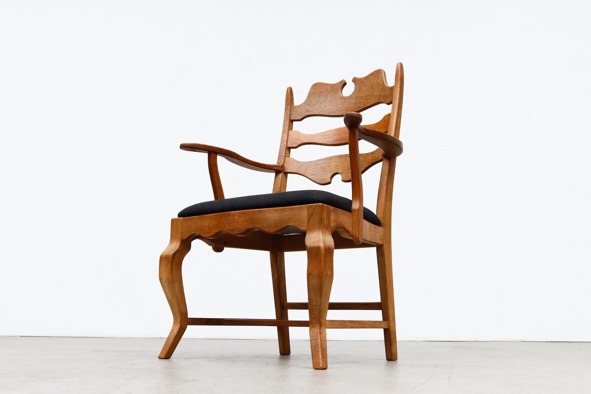 Upholstery Brutalist Carved Oak Razorback, Throne-Like, Armchair