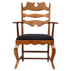 Brutalist Carved Oak Razorback, Throne-Like, Armchair