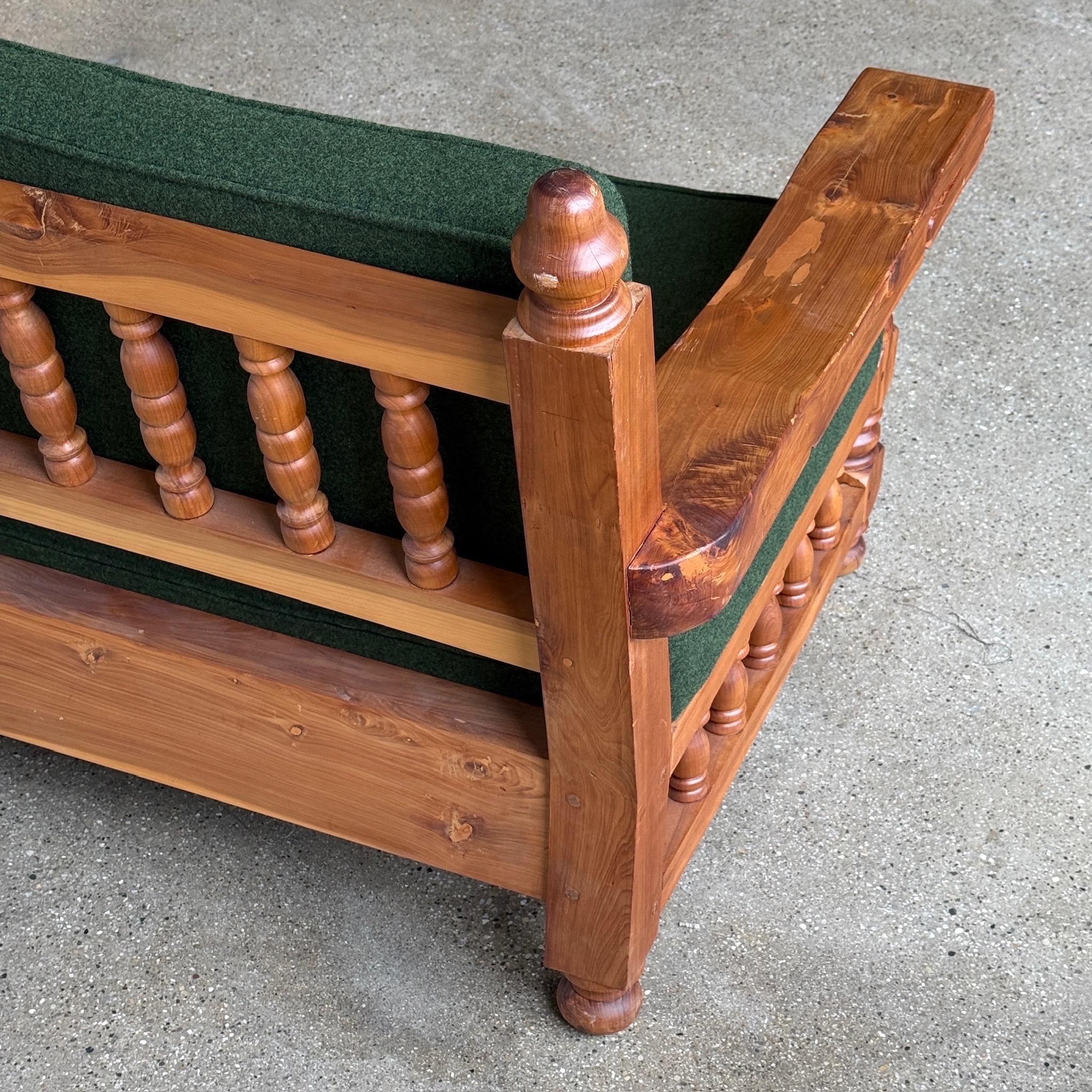 Brutalist Carved Pine Sofa in Green Wool For Sale 4
