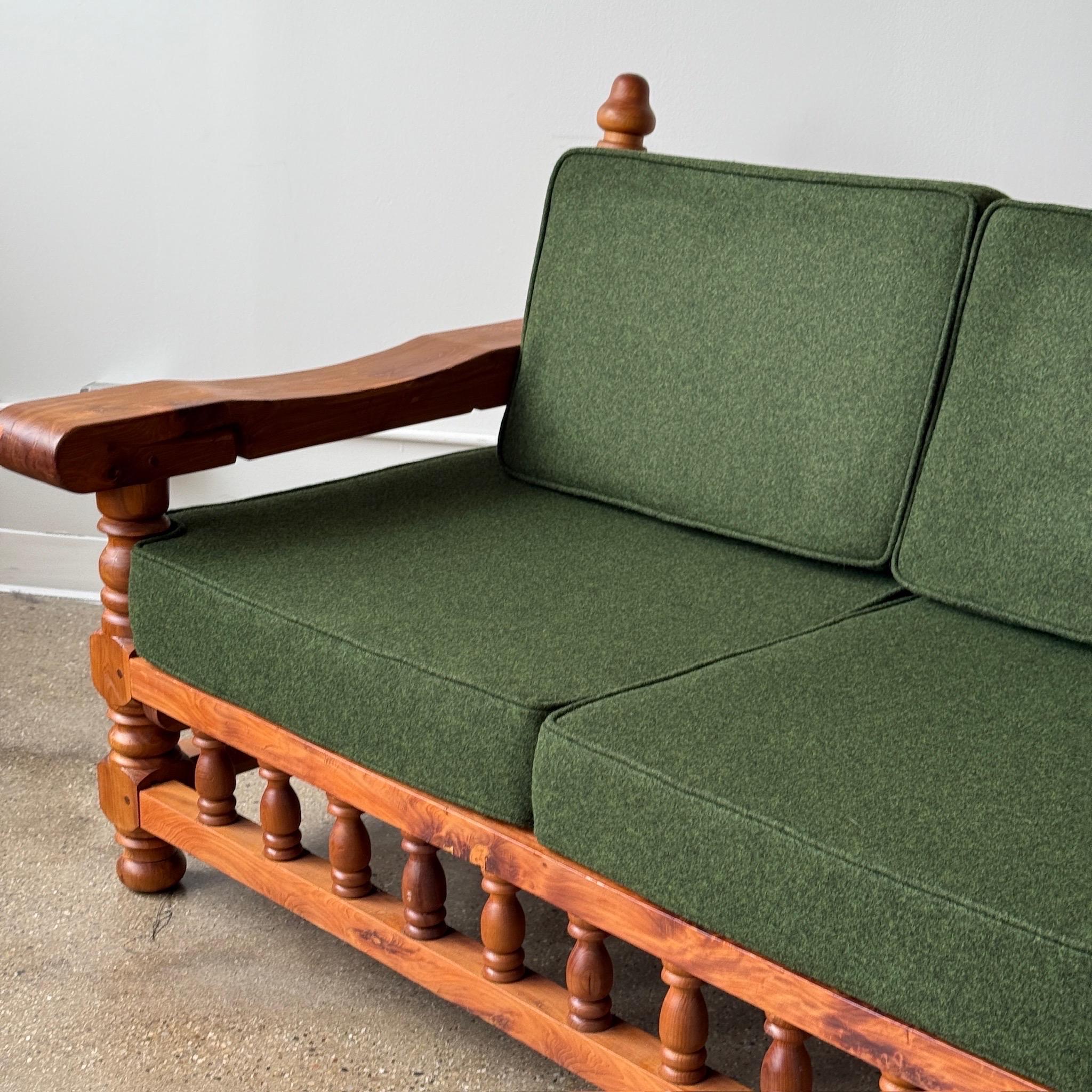 Unknown Brutalist Carved Pine Sofa in Green Wool For Sale