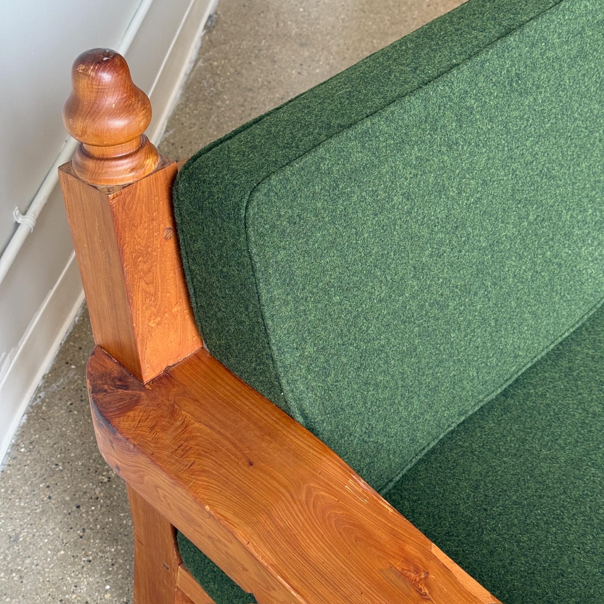 Late 20th Century Brutalist Carved Pine Sofa in Green Wool For Sale