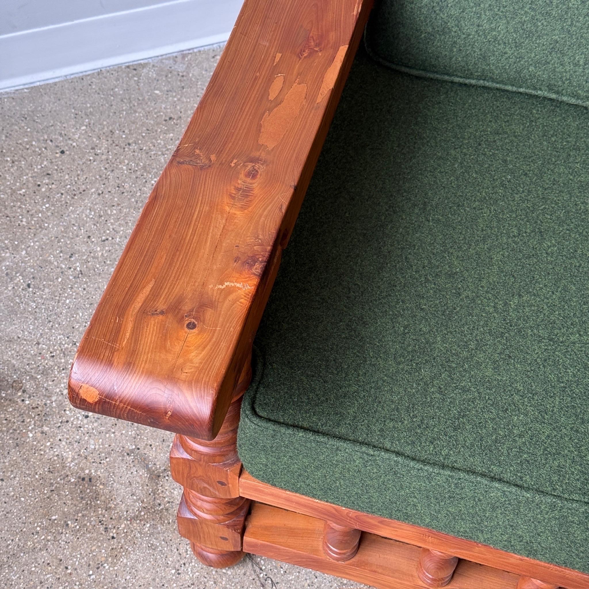Fabric Brutalist Carved Pine Sofa in Green Wool For Sale