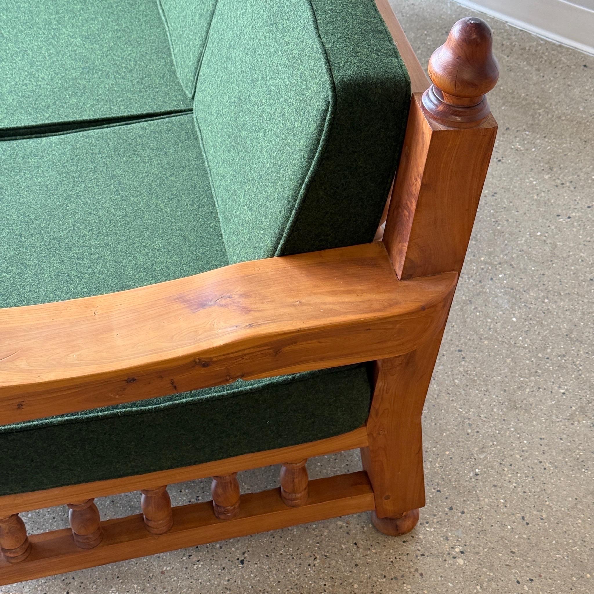 Brutalist Carved Pine Sofa in Green Wool For Sale 1