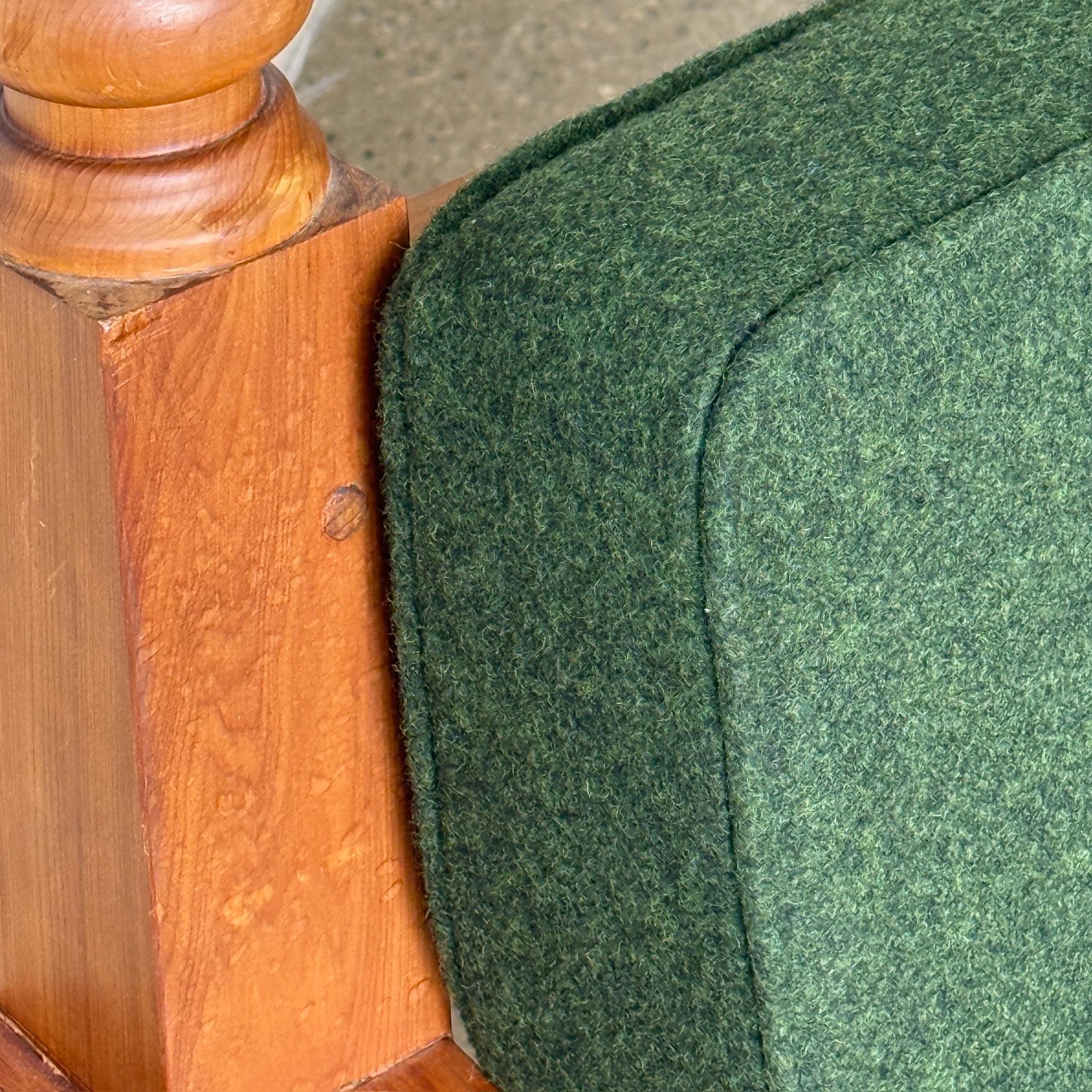Brutalist Carved Pine Sofa in Green Wool For Sale 3