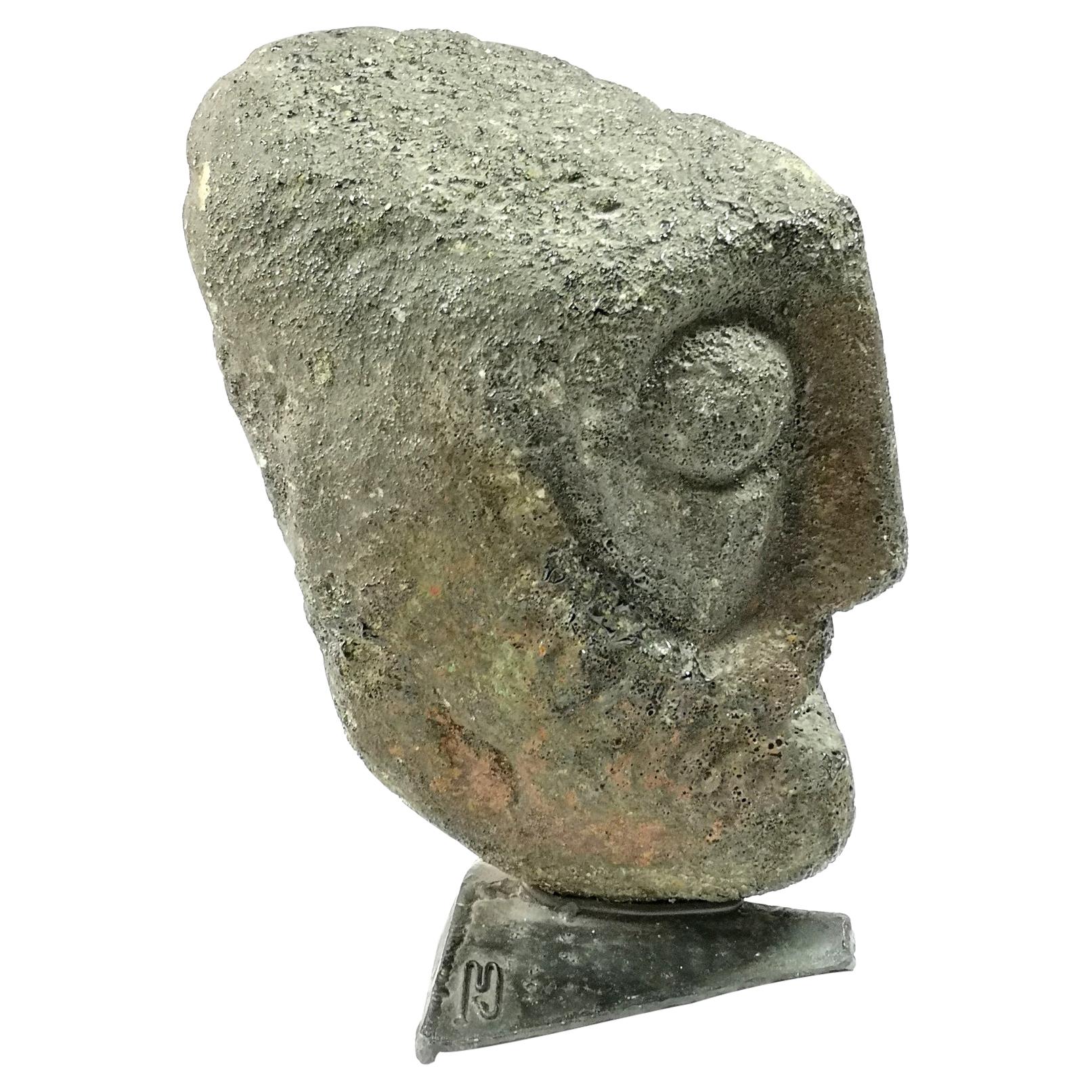 Brutalist Carved Stone Head by Jeno Murai, 1970's For Sale