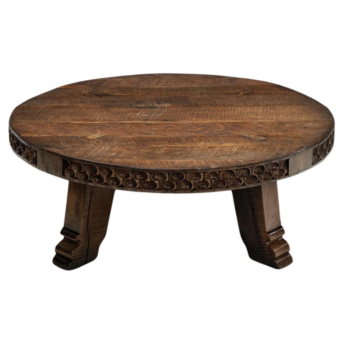 Brutalist Carved Wooden Coffee Table, Europe Mid-20th Century For Sale
