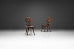 Brutalist Carved Wooden Fireplace Chairs, Spain ca 1960s