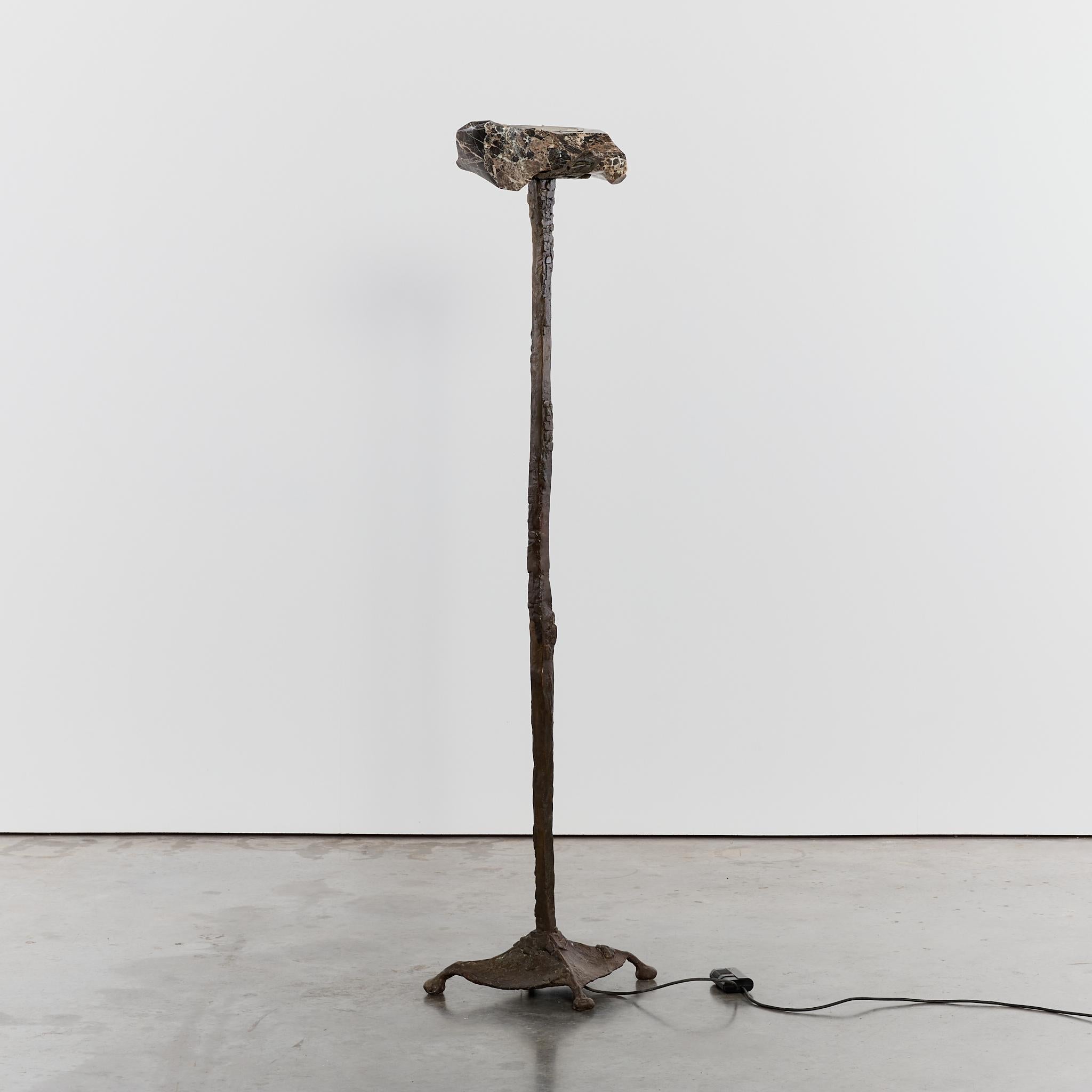 French 1970's Brutalist Cast Bronze and Marble Uplighter Floor Lamp In Good Condition In London, GB
