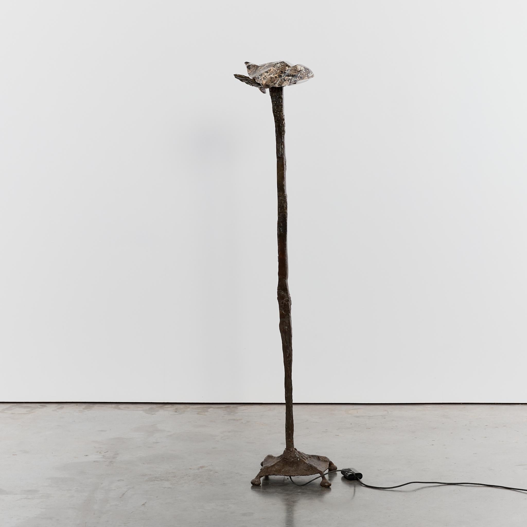 Late 20th Century French 1970's Brutalist Cast Bronze and Marble Uplighter Floor Lamp
