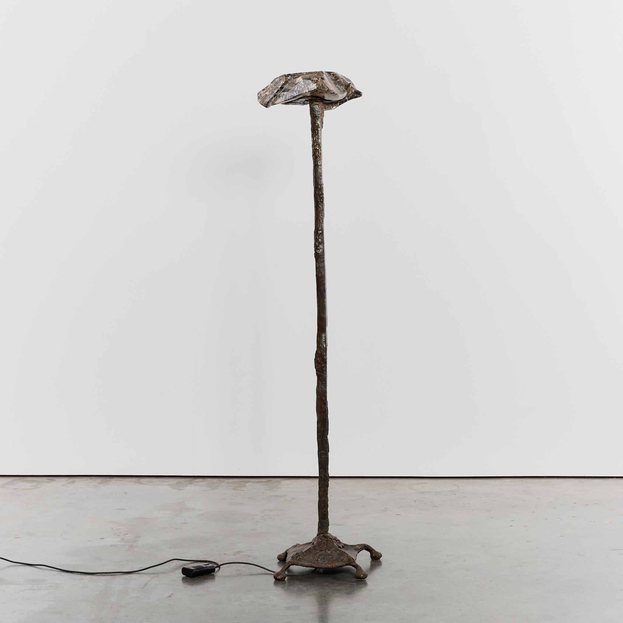 French 1970's Brutalist Cast Bronze and Marble Uplighter Floor Lamp 2