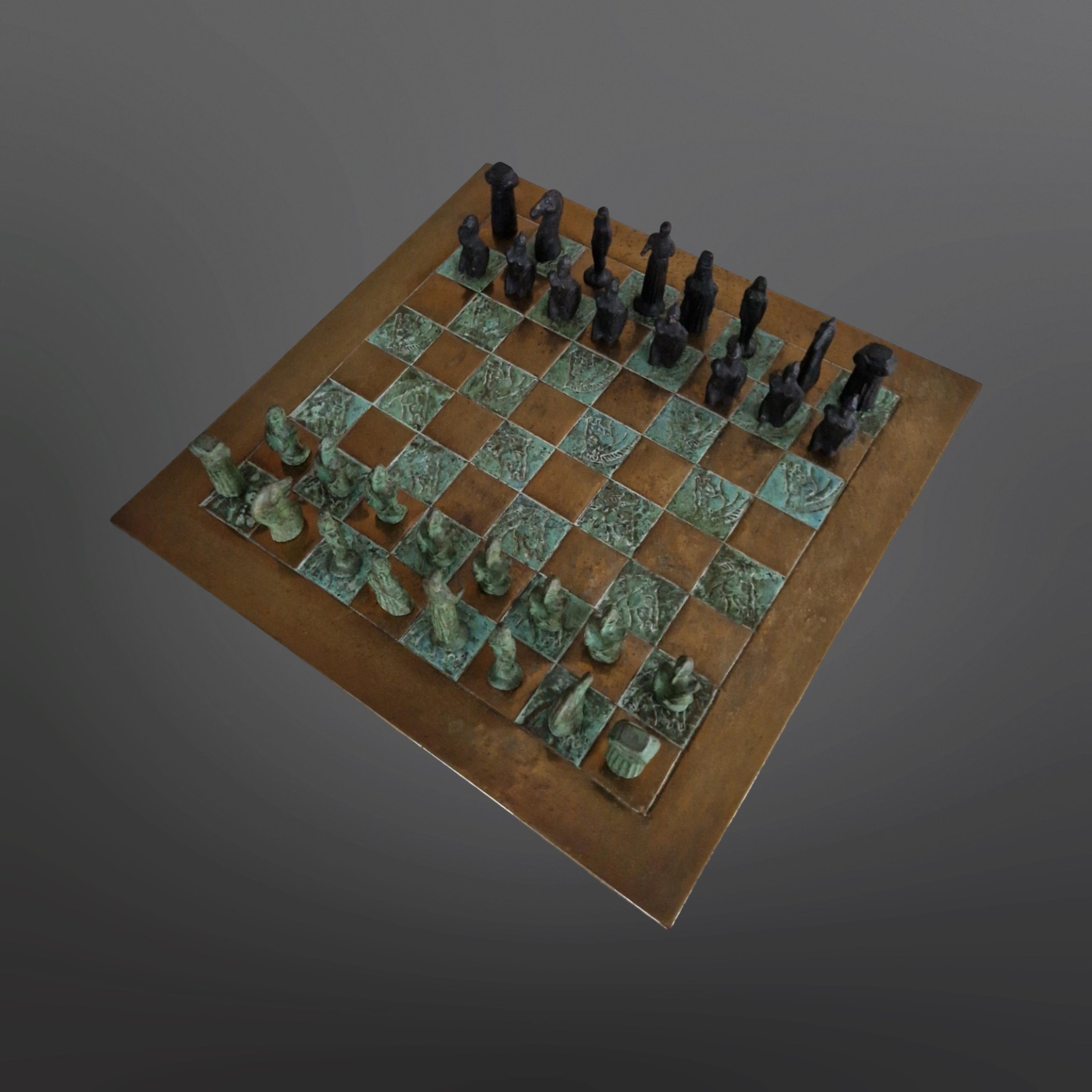 Stylish mid century chess set. The pieces are made from cast bronze. The playing field is made from copper embossed with horse heads and hammered around a wooden board. Underneath there is green felt. 
Made in the style of Ancient Greek mythology.