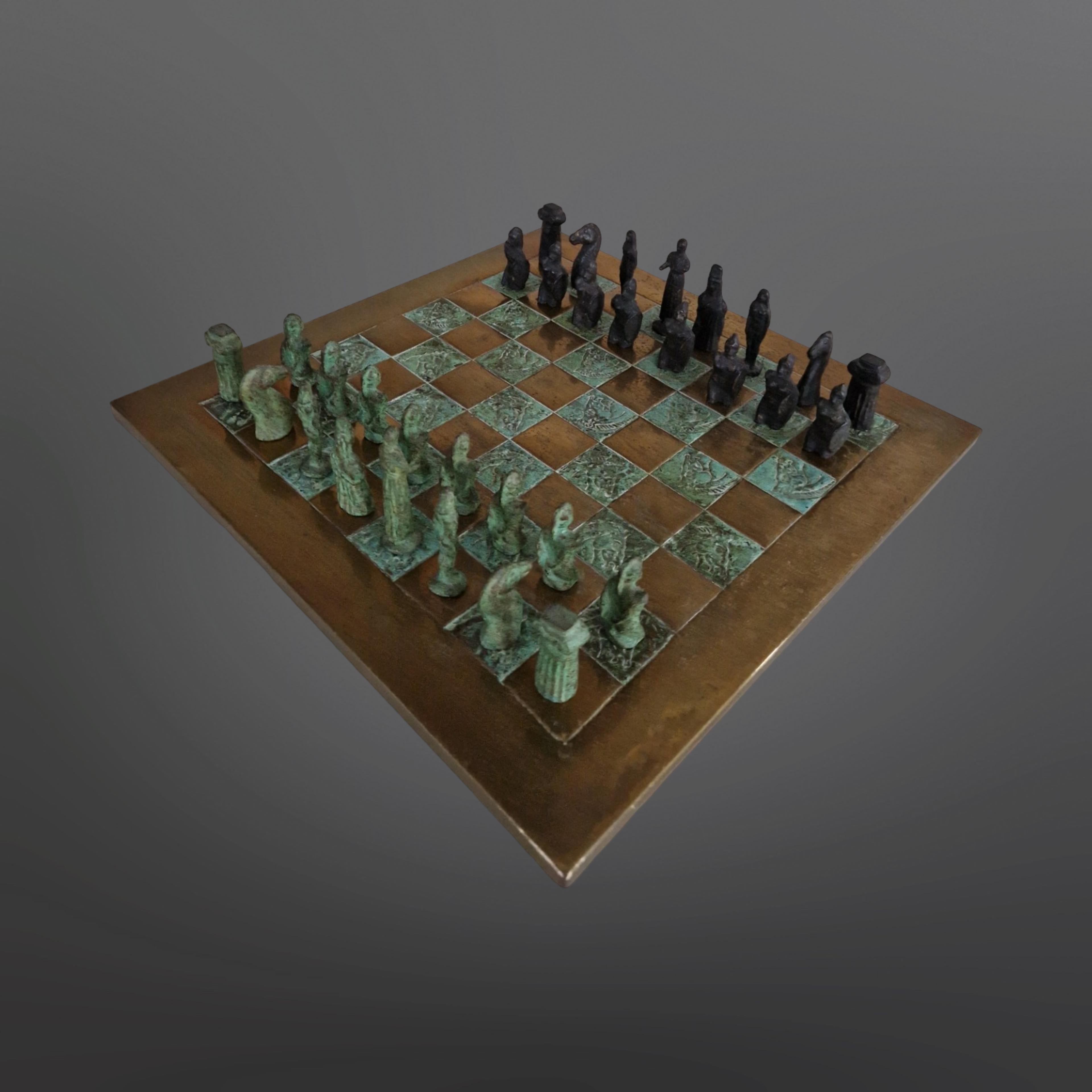 Unknown Brutalist cast bronze chess set with copper board, 1960s