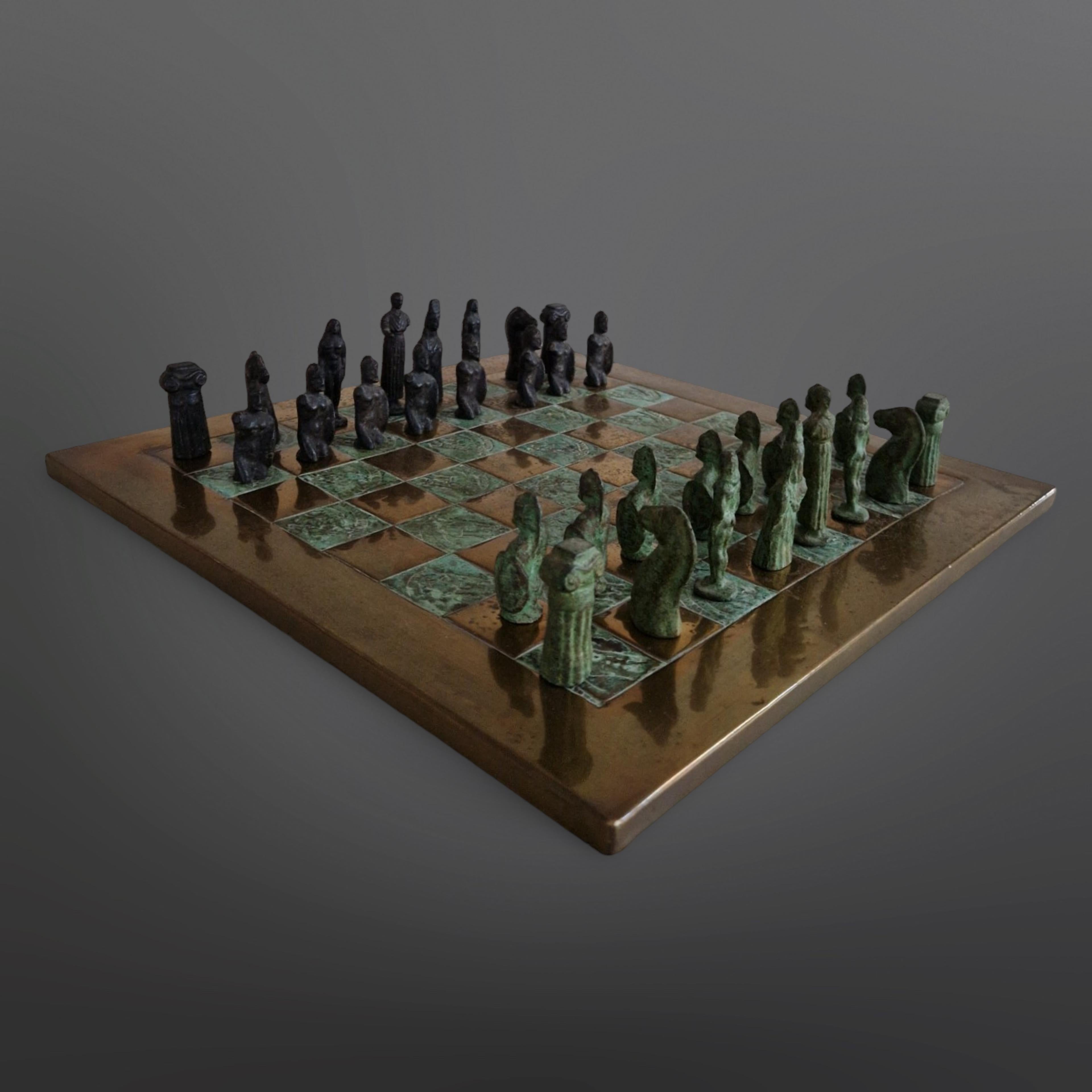 Cast Brutalist cast bronze chess set with copper board, 1960s