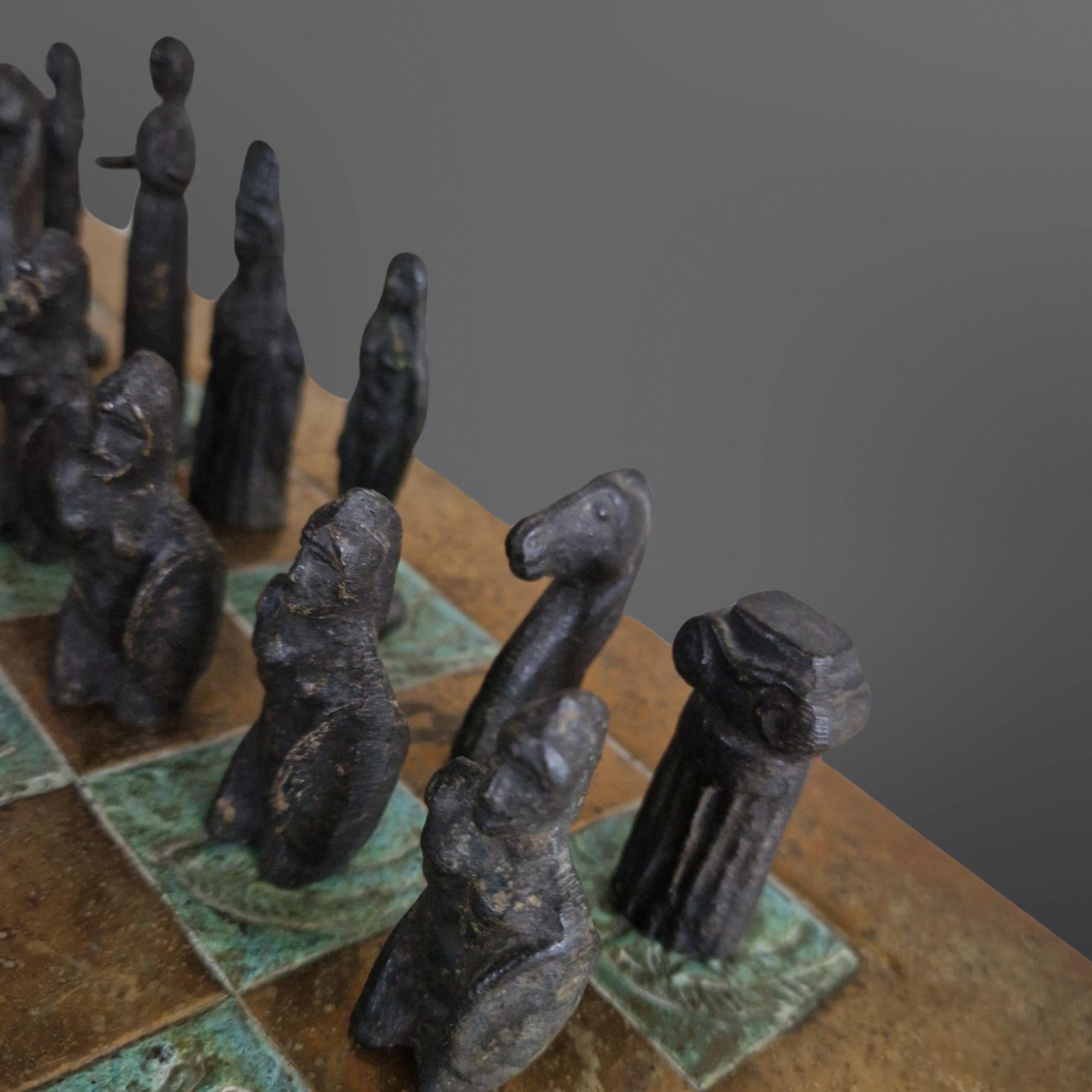 20th Century Brutalist cast bronze chess set with copper board, 1960s