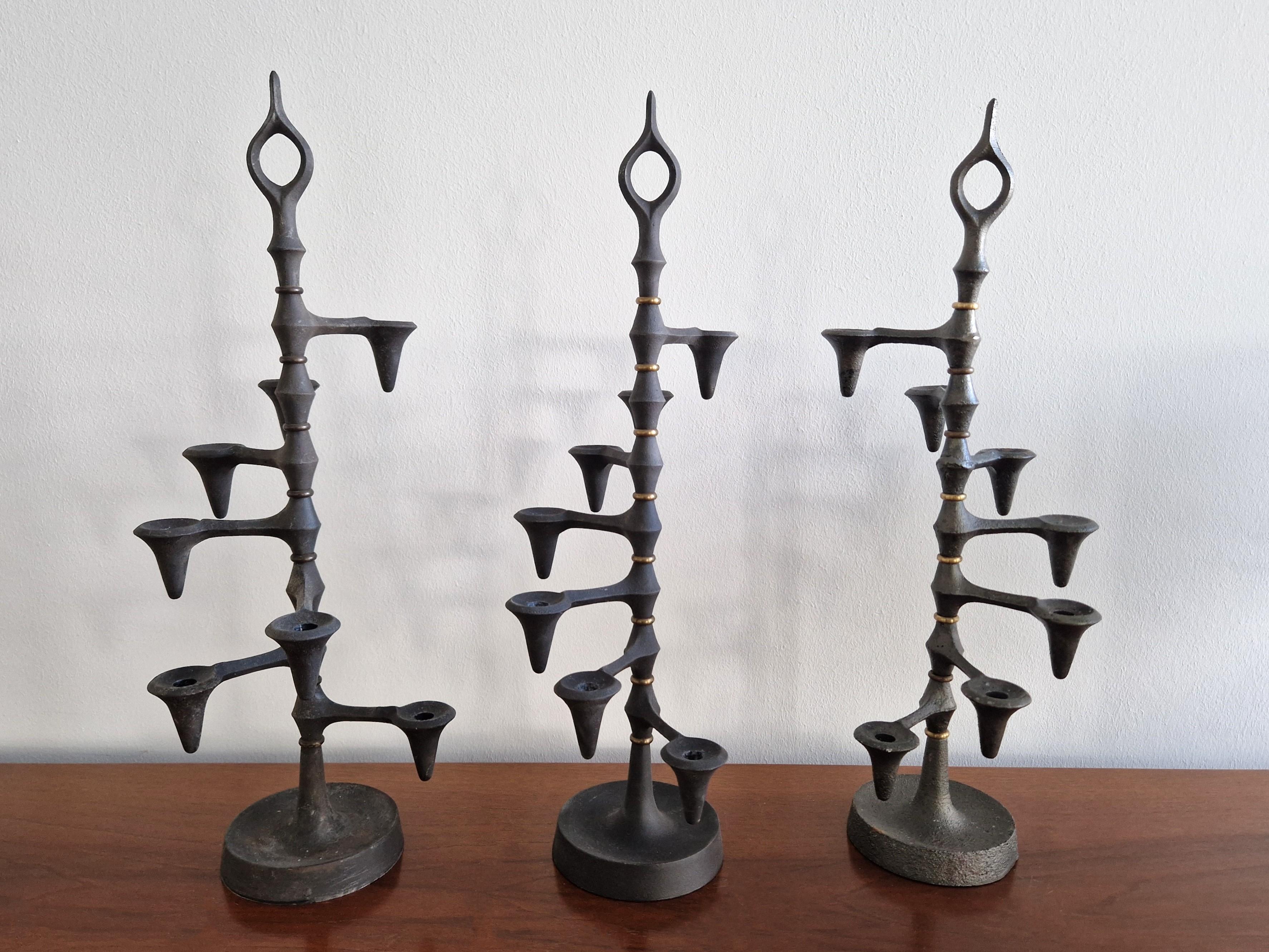 Brass Brutalist cast iron and brass candelabra by J.H. Quistgaard, Denmark 1960's