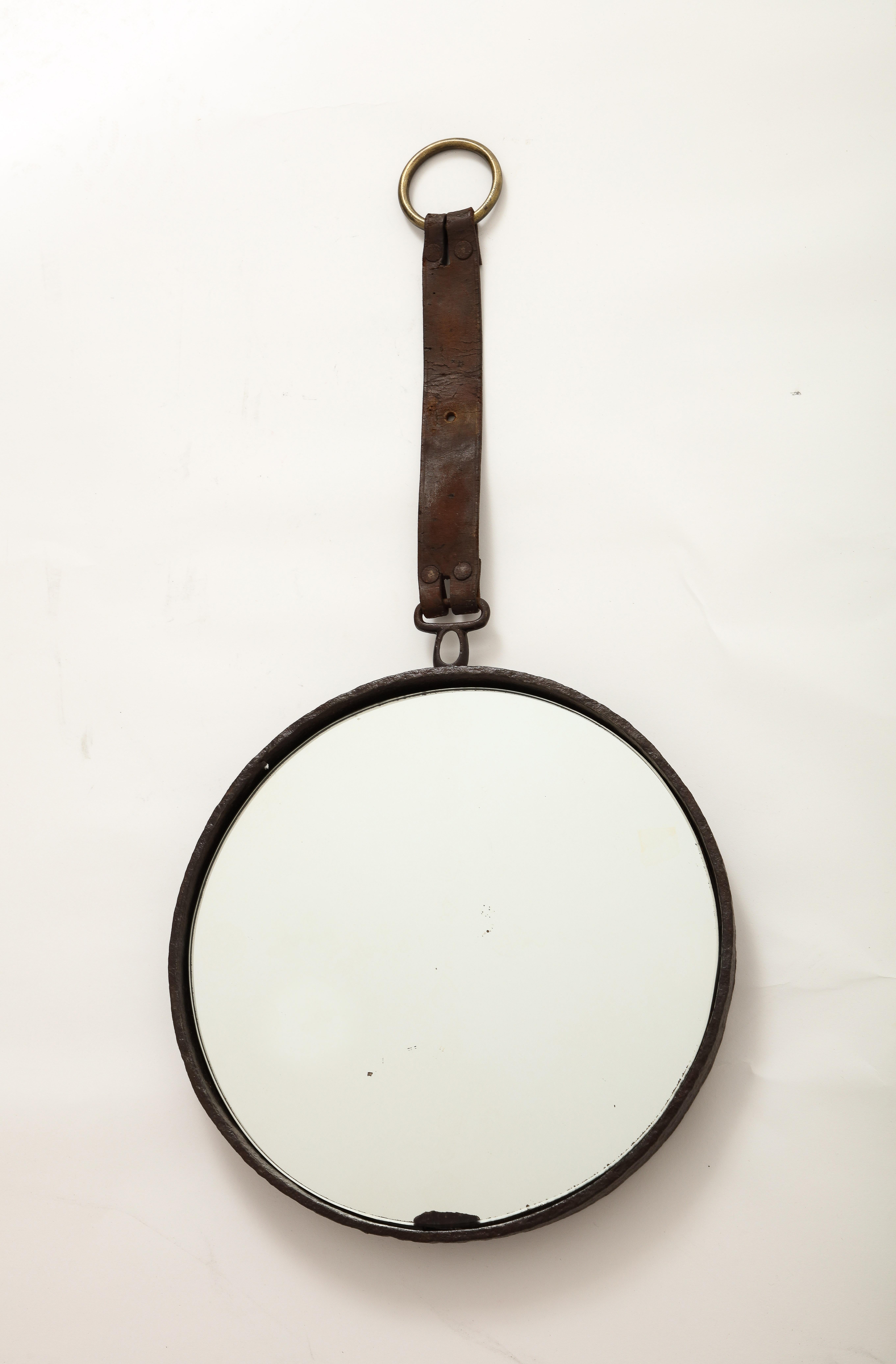 Brutalist Cast Iron, Brown Leather & Brass Wall Mirror - France 1970's In Fair Condition For Sale In New York, NY