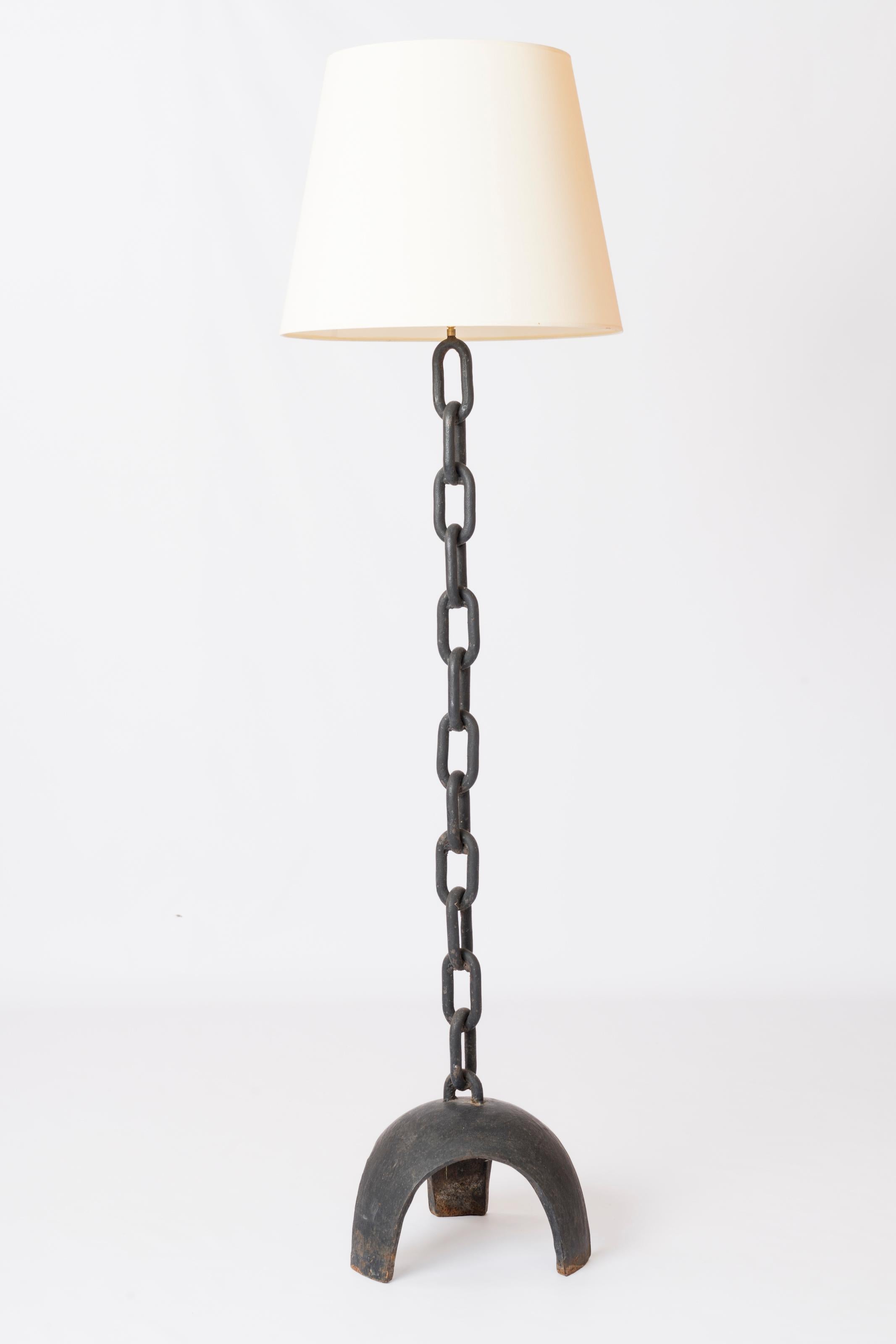 Graphic solid cast iron base and welded marine chain pole floor lamp.
In the style of Franz West.  Needs to be wired.
Dimensions shown for lamp without shade.
Shade for showing purposes only.
This lamp will ship from France and can be returned to
