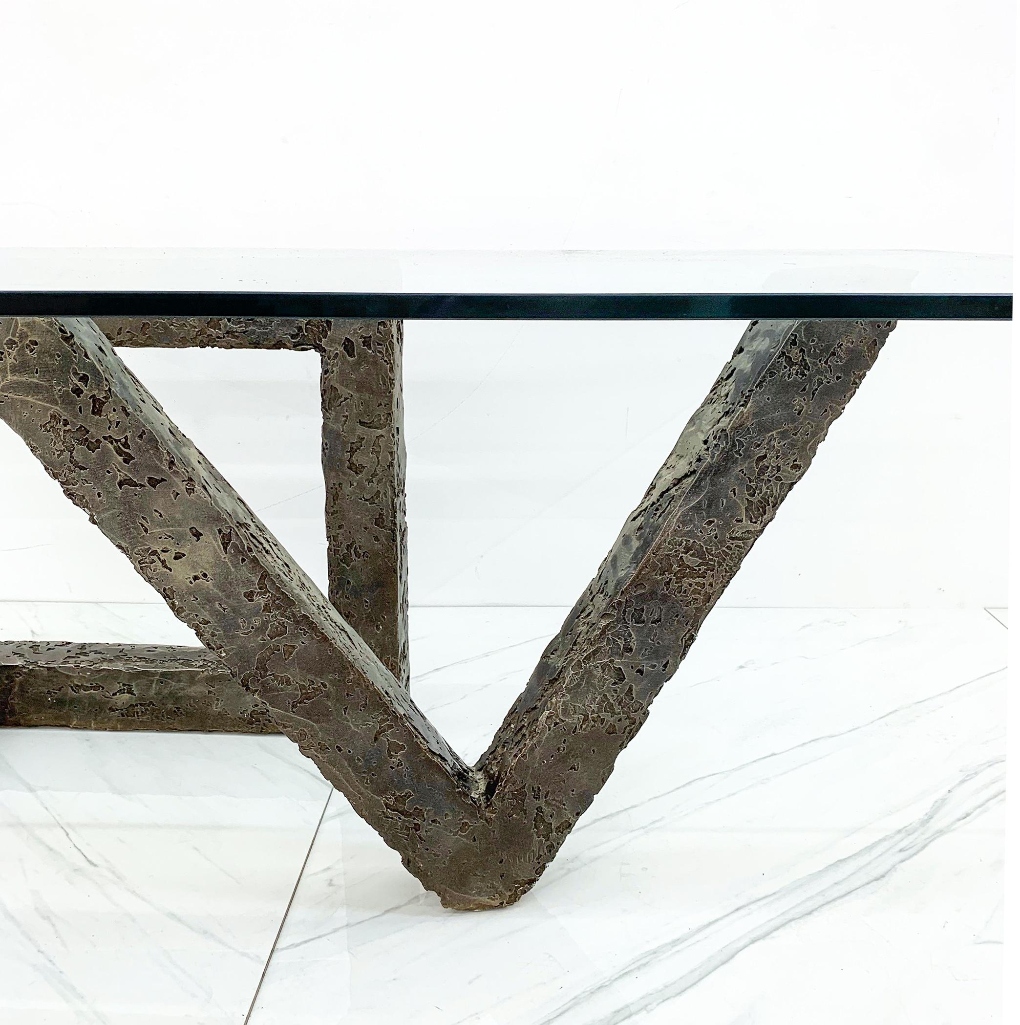 Brutalist Cast Metal Geometric Dining Table in the Manner of Paul Evans For Sale 3