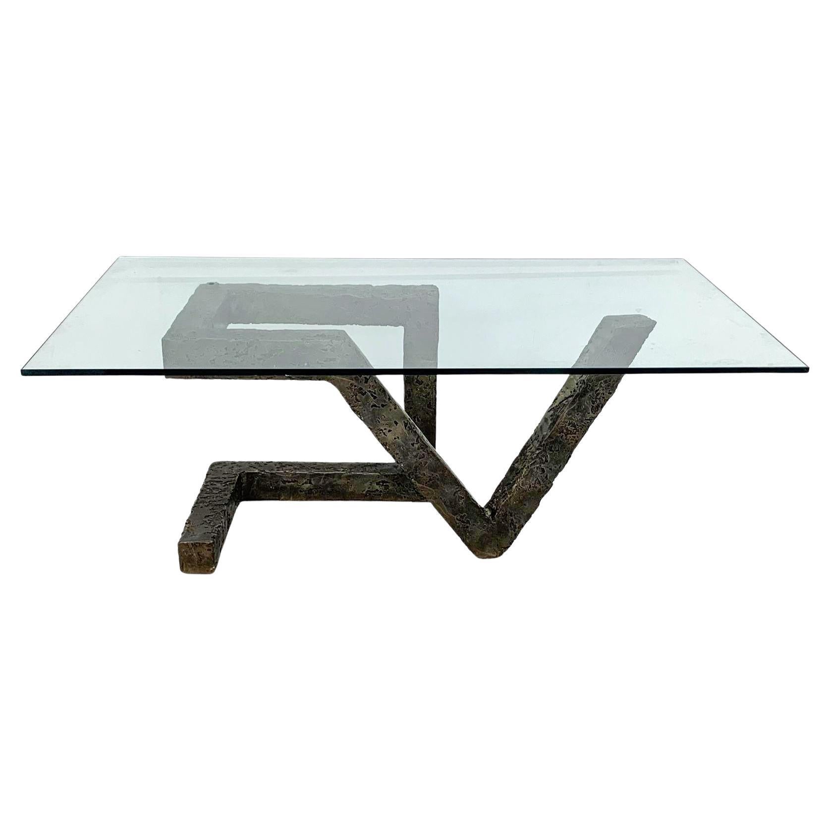 Brutalist Cast Metal Geometric Dining Table in the Manner of Paul Evans