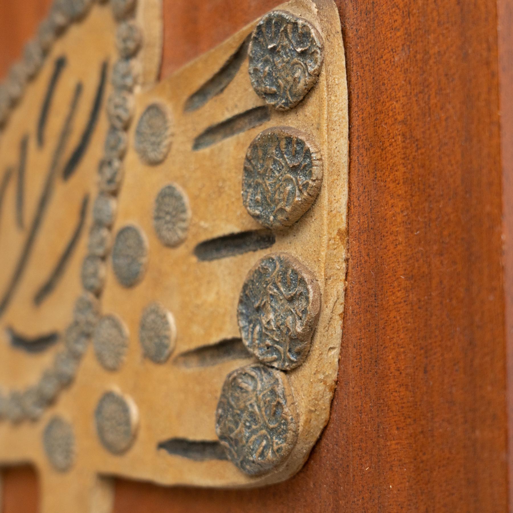 Brutalist Ceramic Artwork on a Wooden Wall Board, circa 1960 For Sale 4