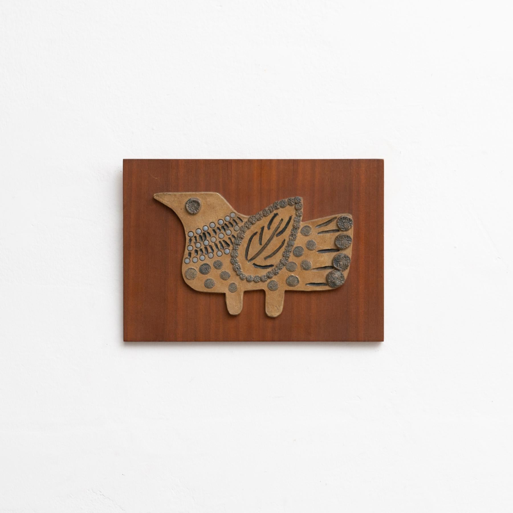 Mid-Century Modern Brutalist Ceramic Artwork on a Wooden Wall Board, circa 1960 For Sale