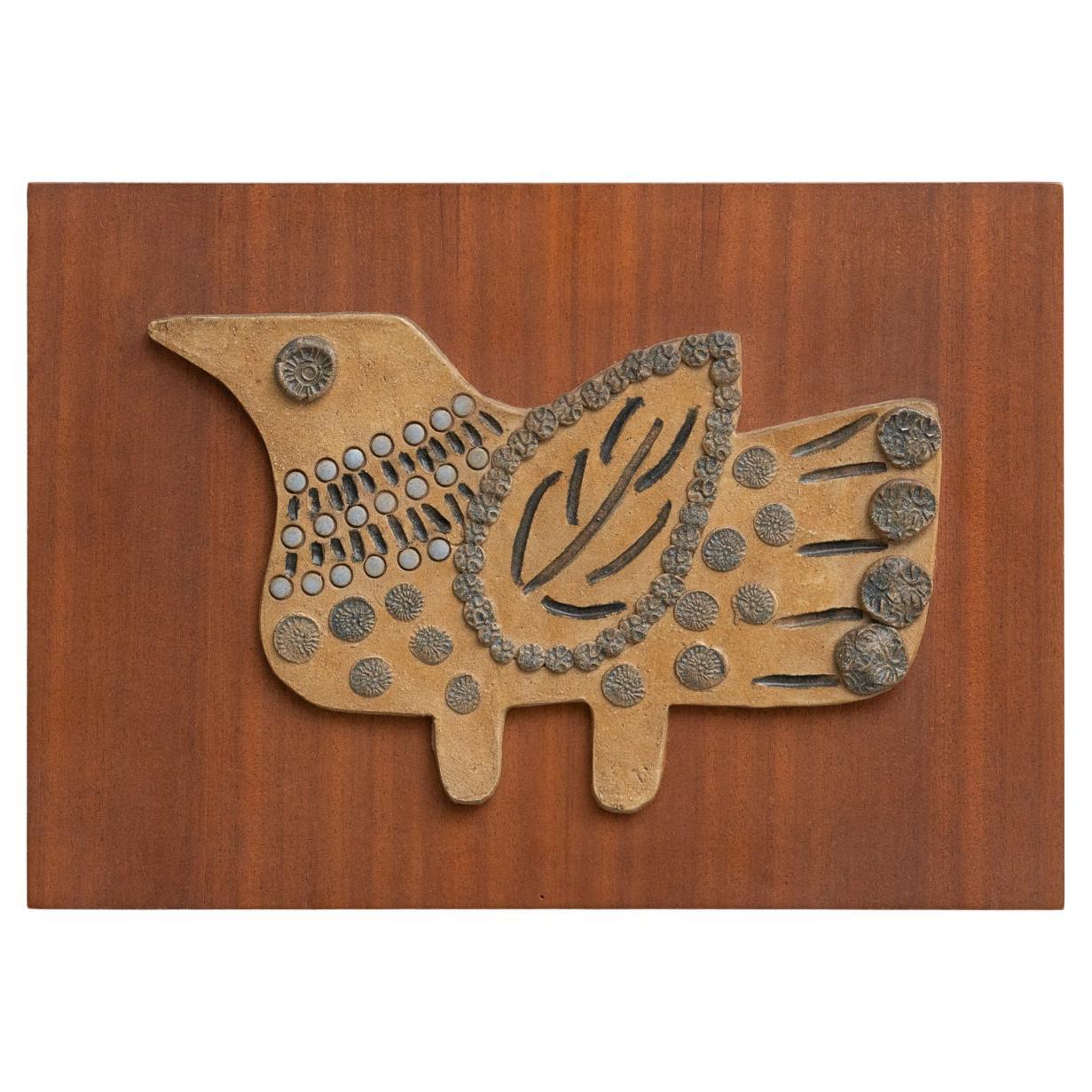 Brutalist Ceramic Artwork on a Wooden Wall Board, circa 1960 For Sale