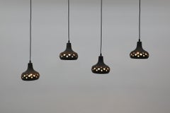 Brutalist Ceramic Pendant Lights, Gray-Brown & Copper Glaze, Circle Cut-Outs