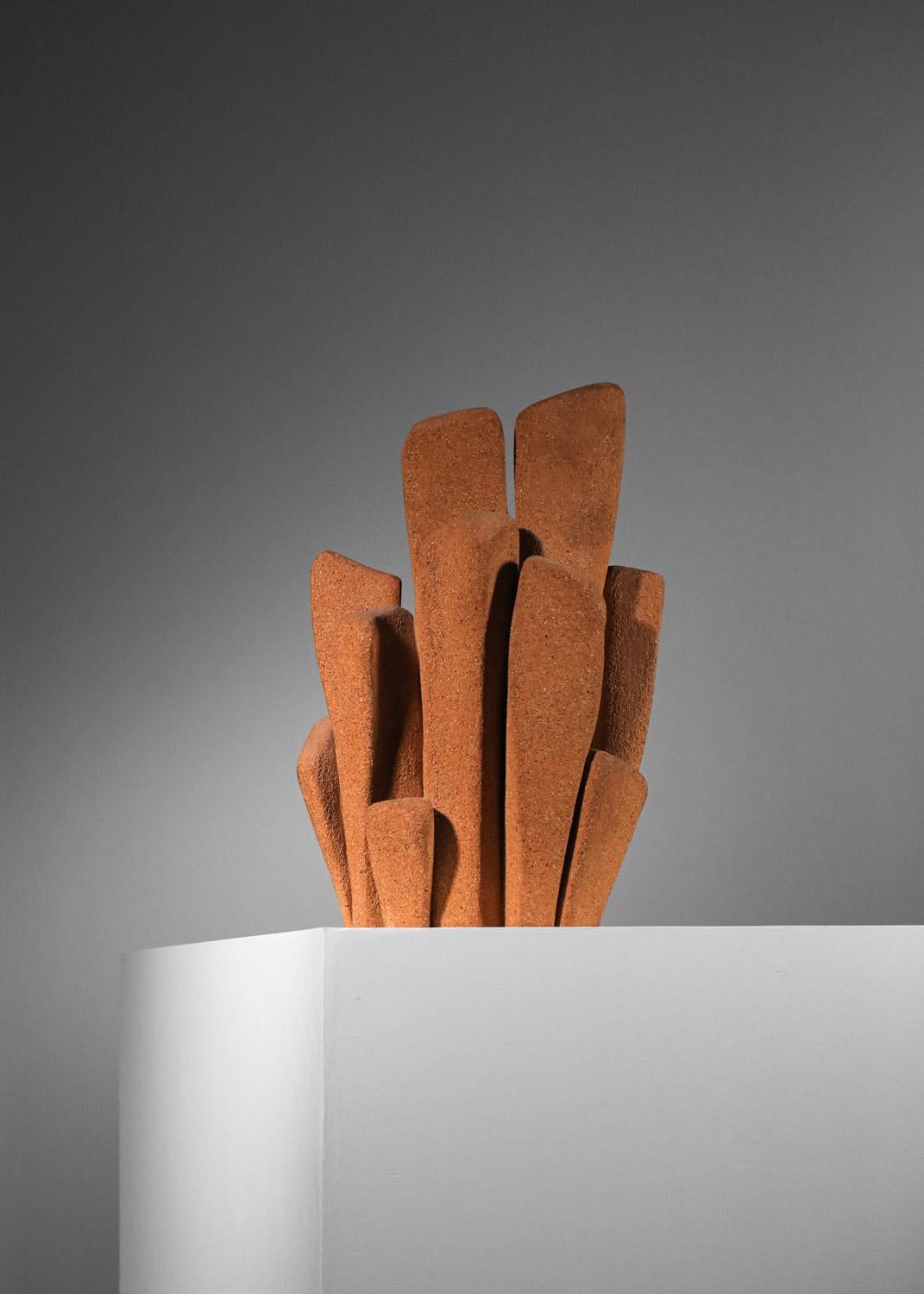 Clay Brutalist ceramic sculpture 70's abstract chamotte French For Sale