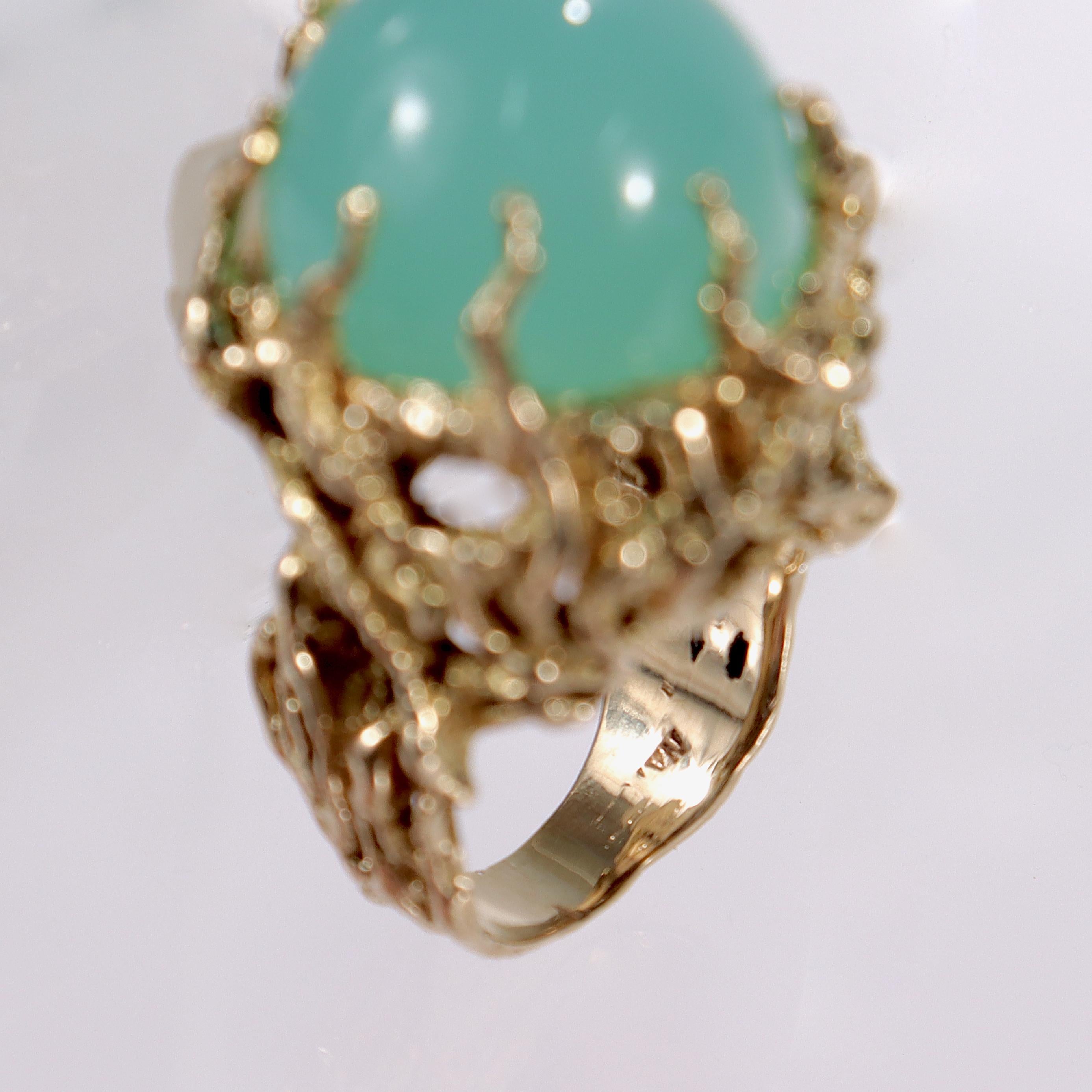 Brutalist Chalcedony Cabochon & 14 Karat Gold Cocktail Ring 2