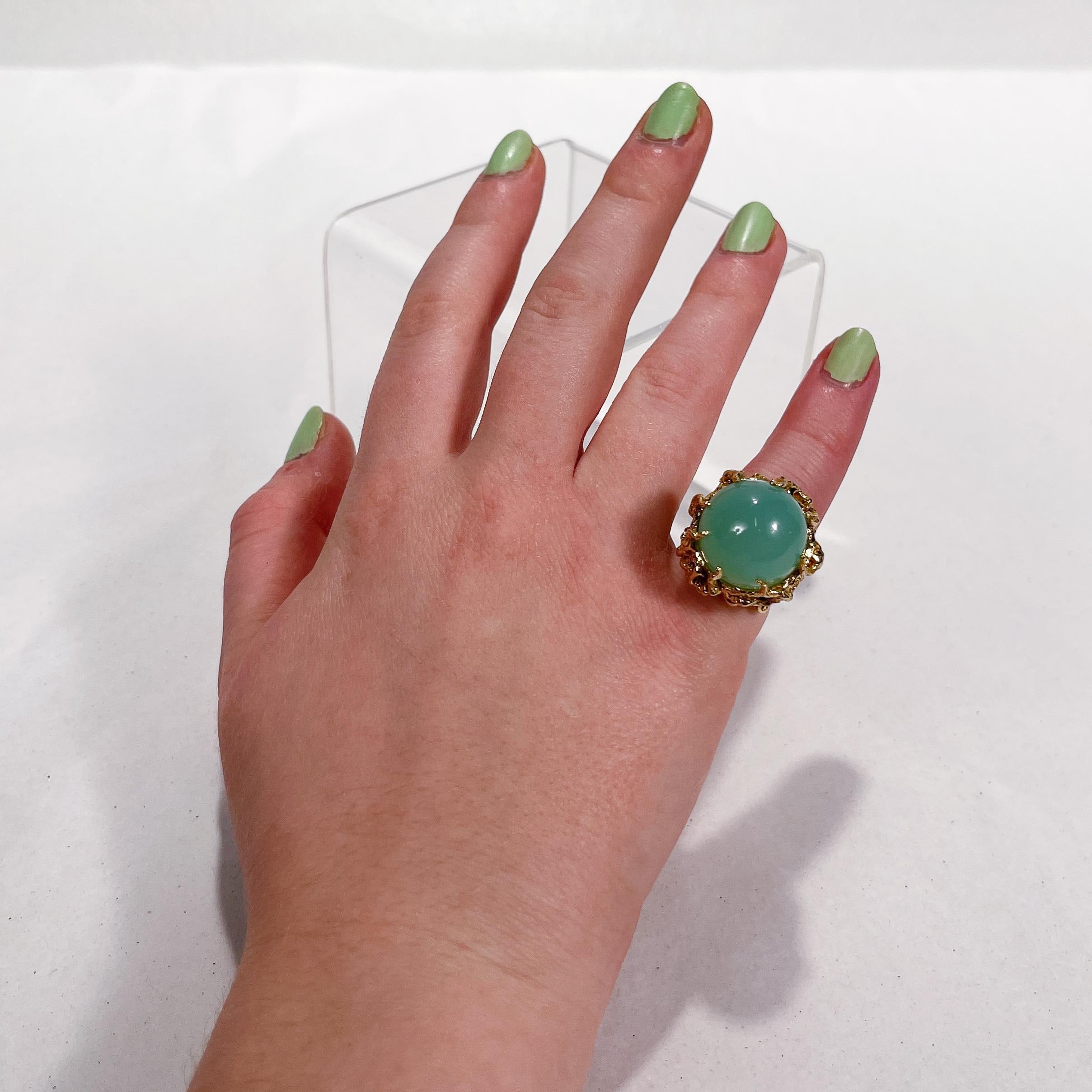 Brutalist Chalcedony Cabochon & 14 Karat Gold Cocktail Ring 3