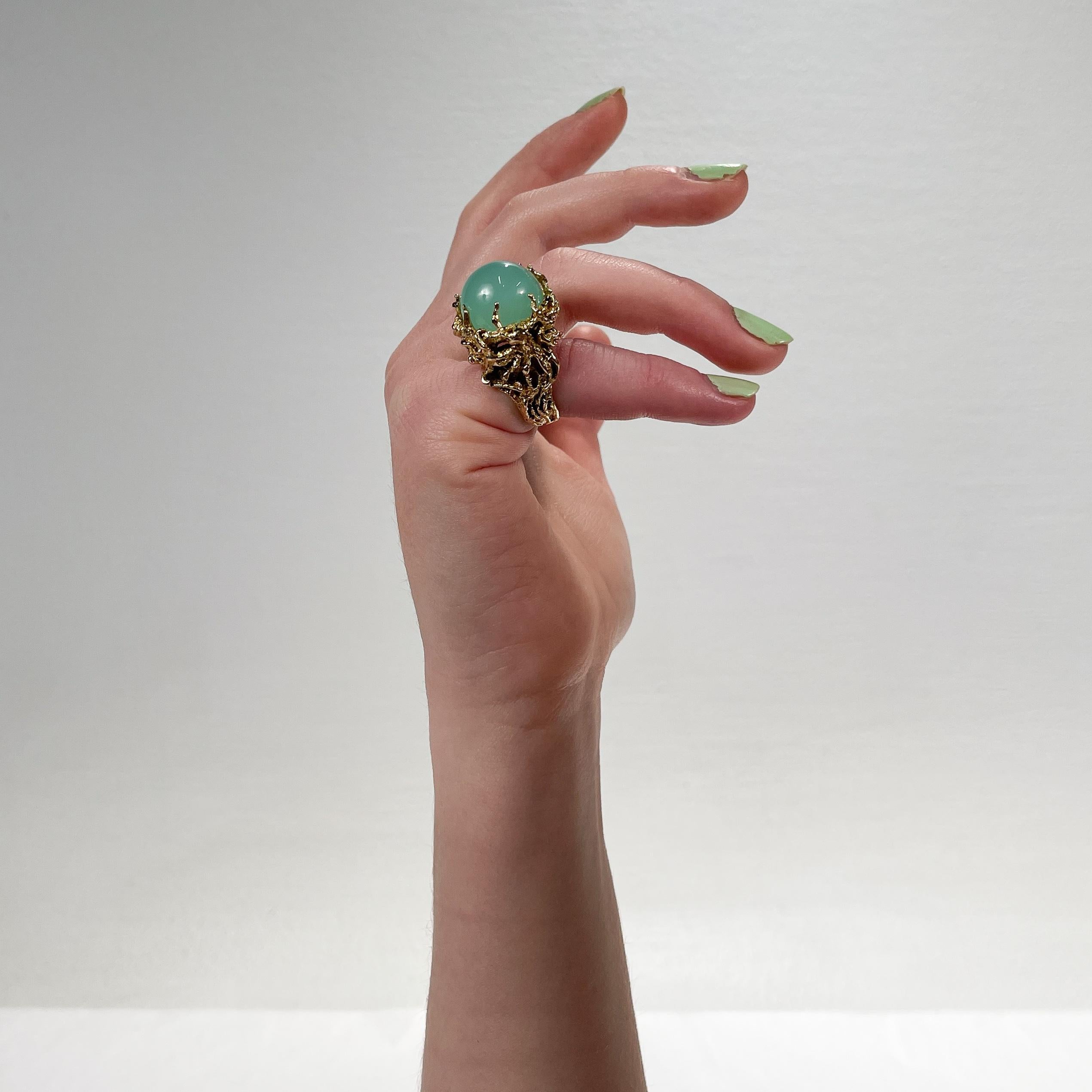Brutalist Chalcedony Cabochon & 14 Karat Gold Cocktail Ring 4
