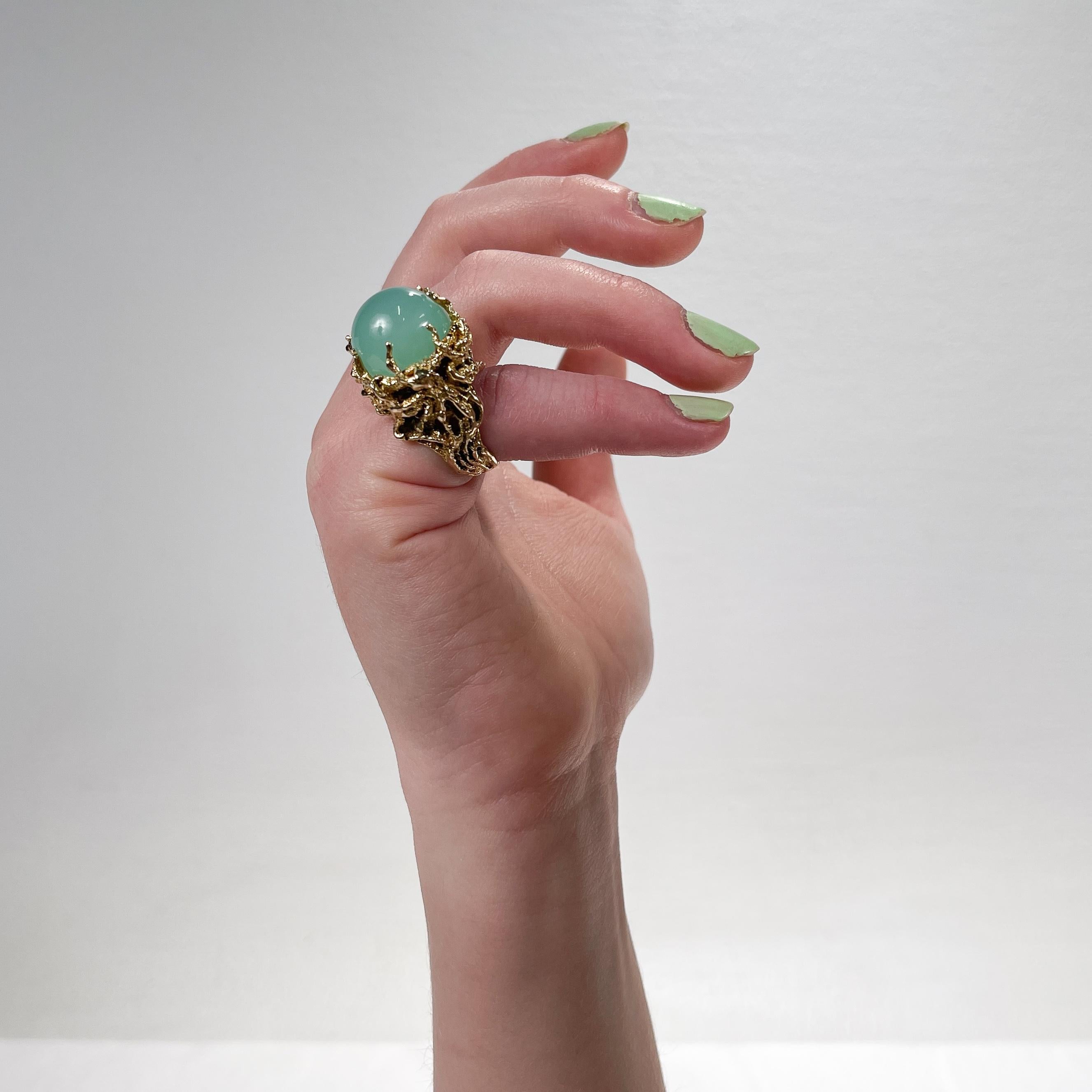 Brutalist Chalcedony Cabochon & 14 Karat Gold Cocktail Ring 5