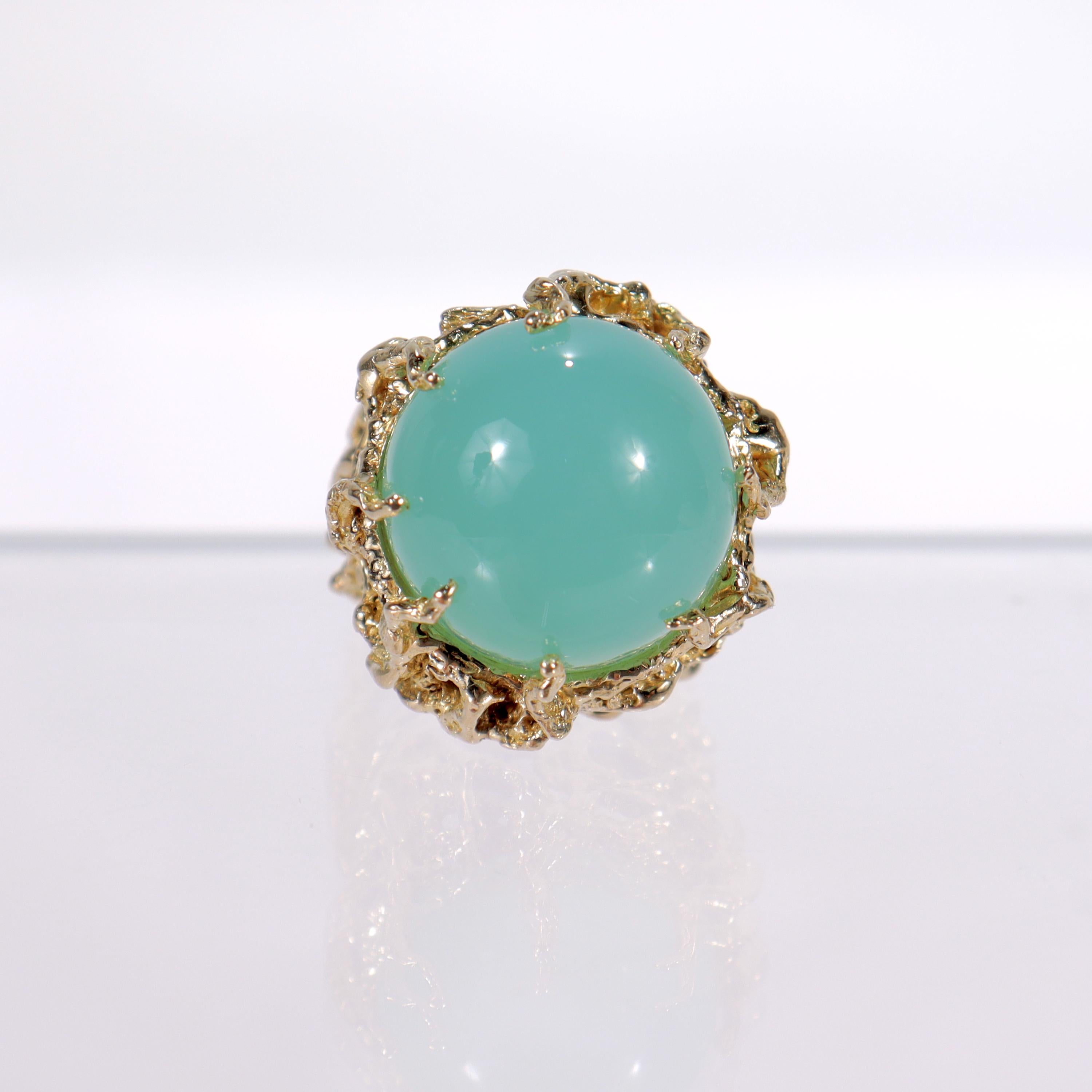 Modernist Brutalist Chalcedony Cabochon & 14 Karat Gold Cocktail Ring