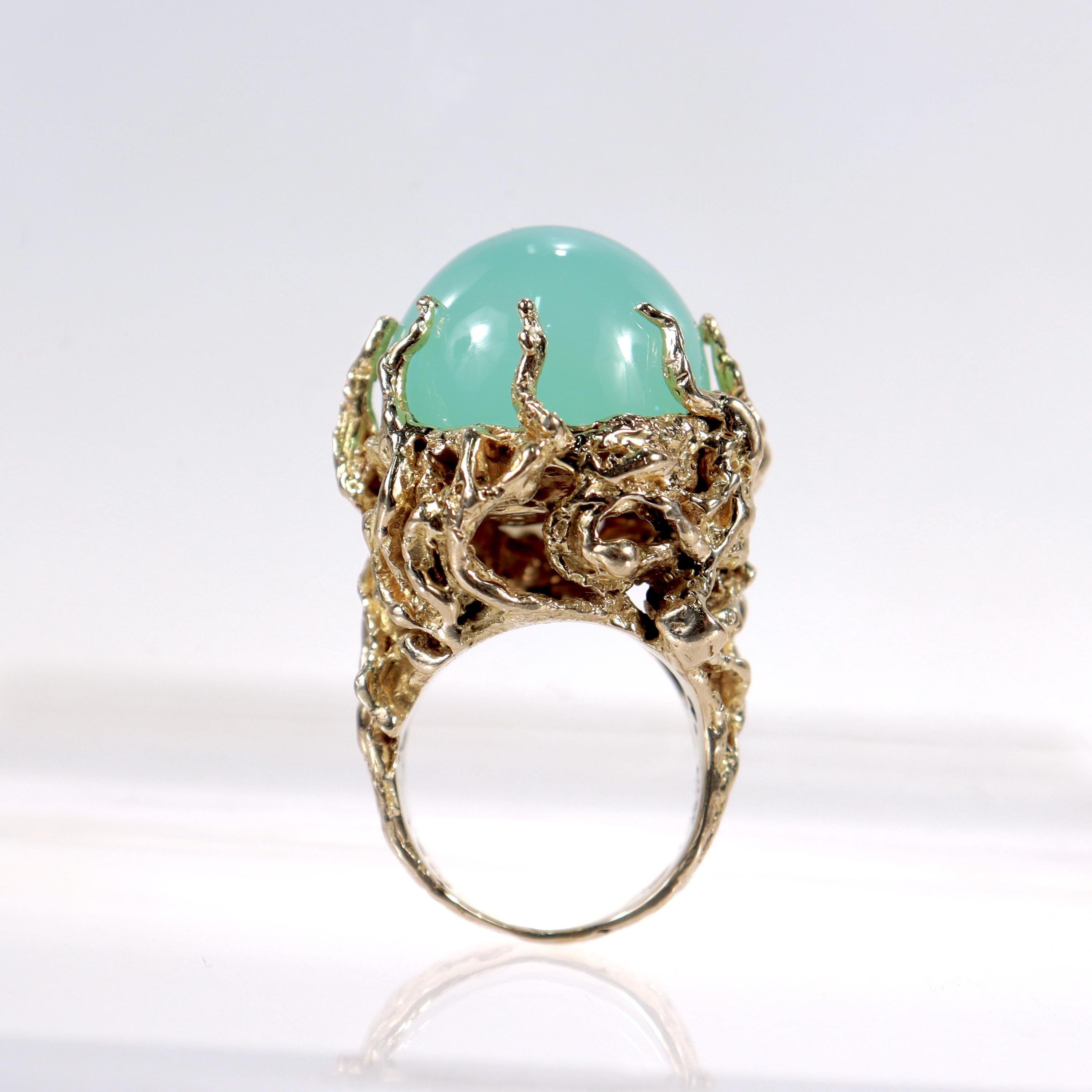 Women's Brutalist Chalcedony Cabochon & 14 Karat Gold Cocktail Ring