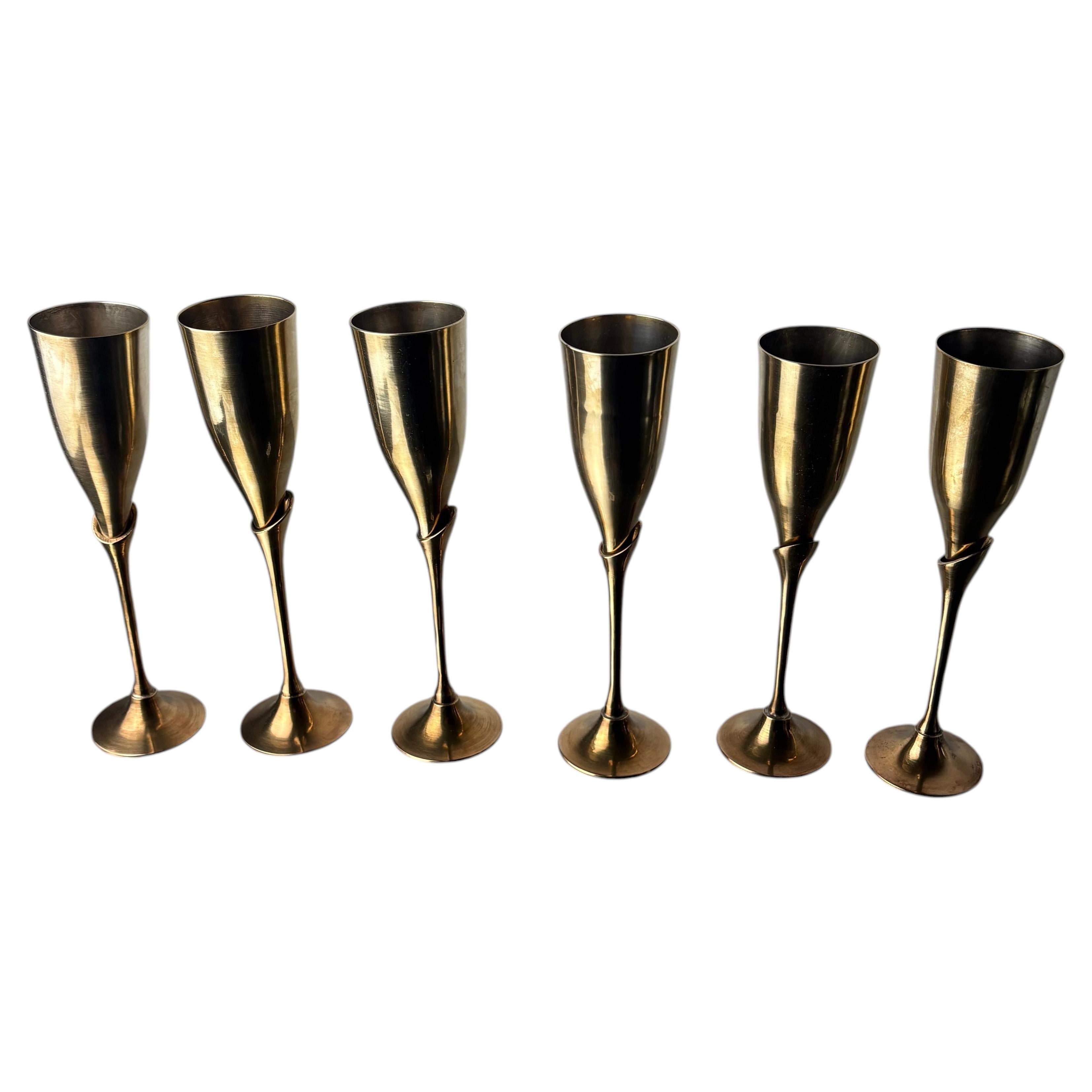 Brutalist Champagne Glasses in brass, set of 6, Spain, 1970's For Sale