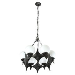 Brutalist Chandelier in Wrought Iron with Six Milk Glass Globe Lights, 1960s