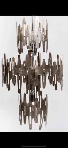 Brutalist chandelier stainless steel original, france 1970s