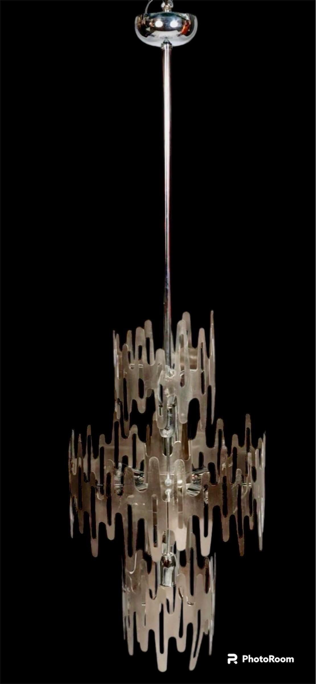 French Brutalist chandelier stainless steel original, france 1970s For Sale