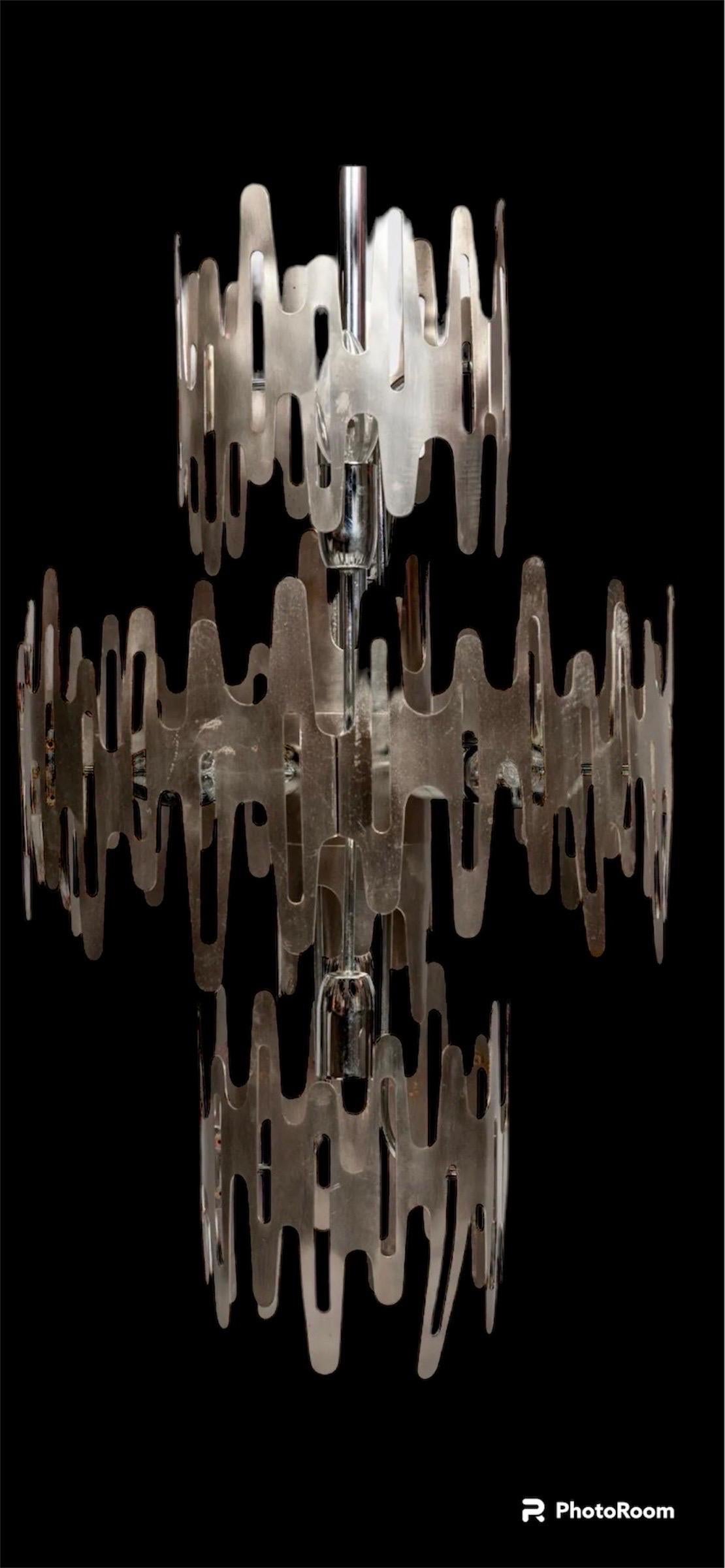 Late 20th Century Brutalist chandelier stainless steel original, france 1970s For Sale