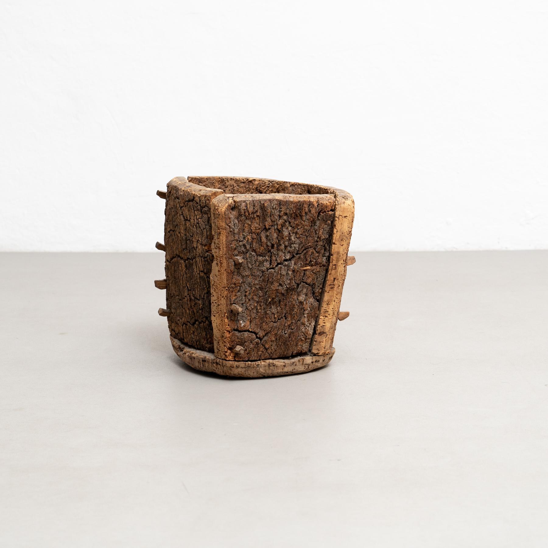 Mid-Century Modern Brutalist Charm: Early 20th Century Cork Trash Bin with Time-Worn Charachter For Sale