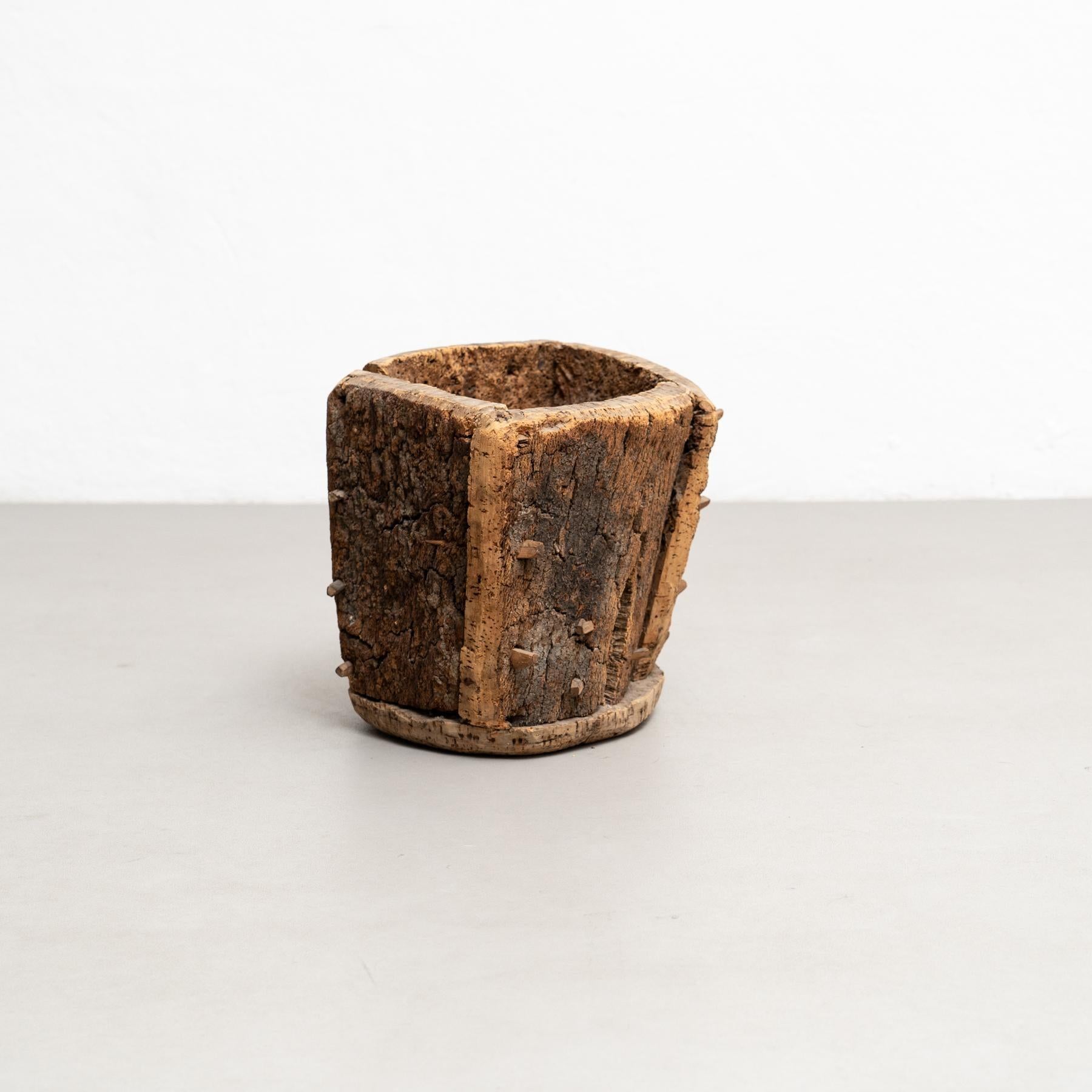French Brutalist Charm: Early 20th Century Cork Trash Bin with Time-Worn Charachter For Sale