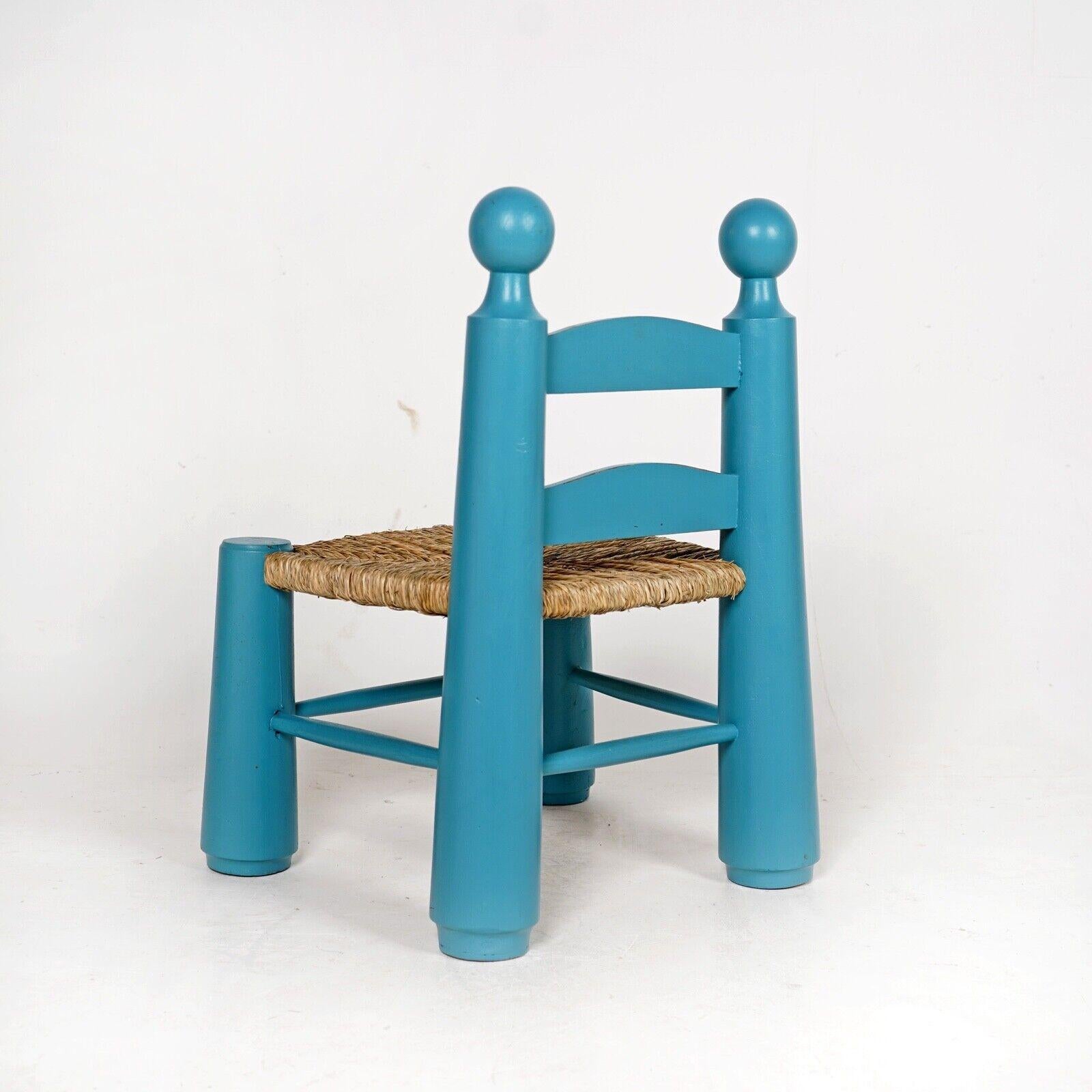 French Brutalist Child's Chair By Charles Dudouyt - Painted Blue Rush Seat   For Sale