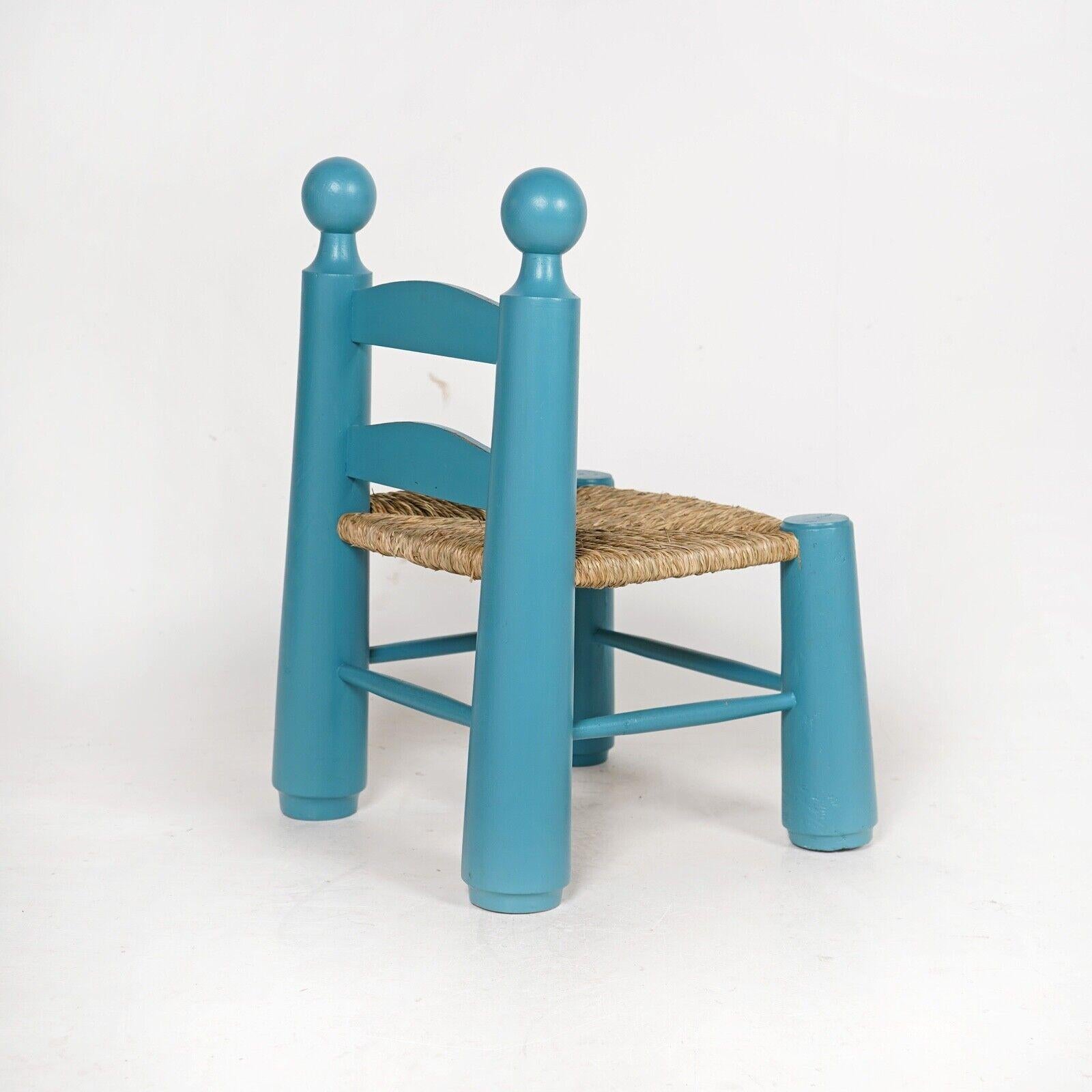 Mid-20th Century Brutalist Child's Chair By Charles Dudouyt - Painted Blue Rush Seat   For Sale