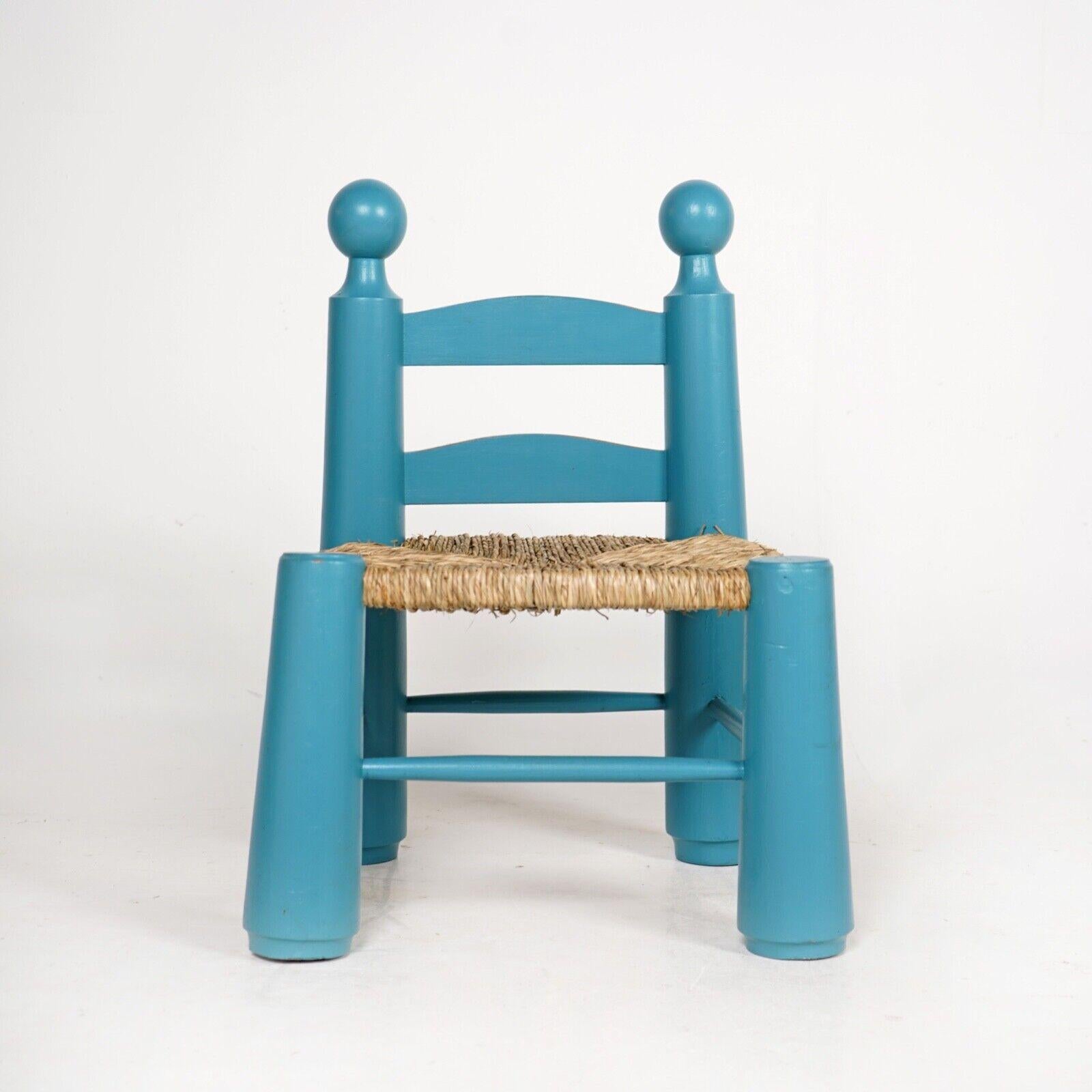 Brutalist Child's Chair By Charles Dudouyt - Painted Blue Rush Seat   For Sale 2
