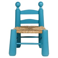 Brutalist Child's Chair By Charles Dudouyt - Painted Blue Rush Seat  