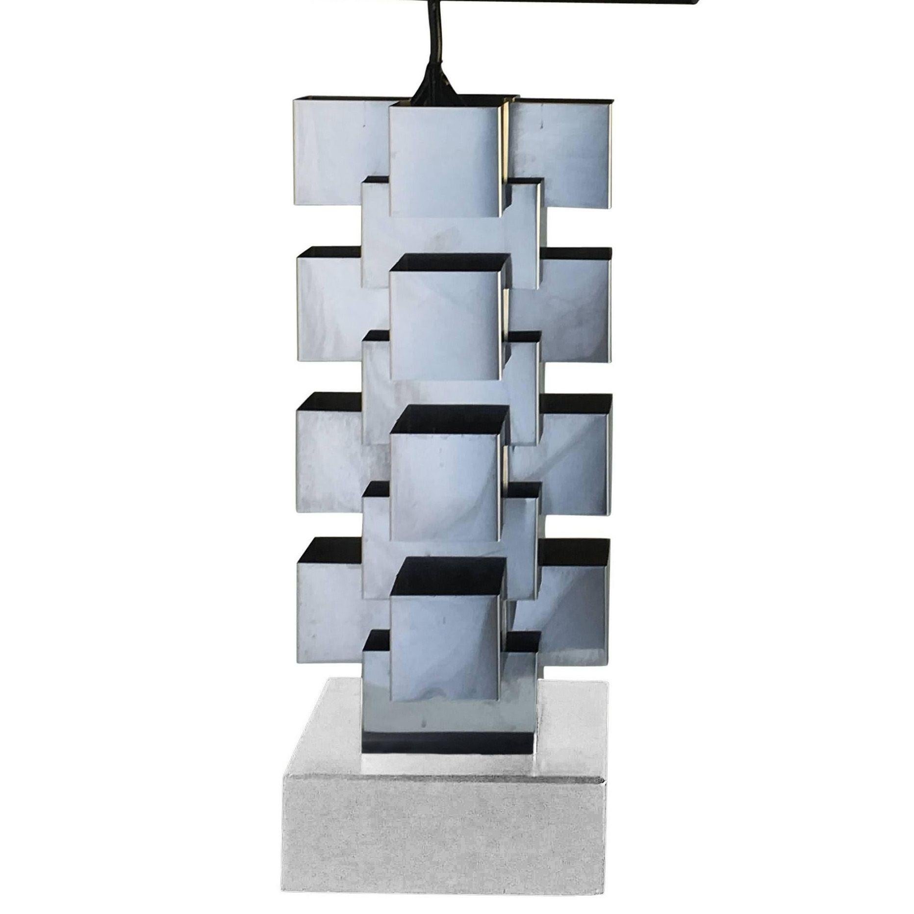 American Brutalist Chrome Interlaced Column Sculpture Table Lamp by Curtis Jere For Sale