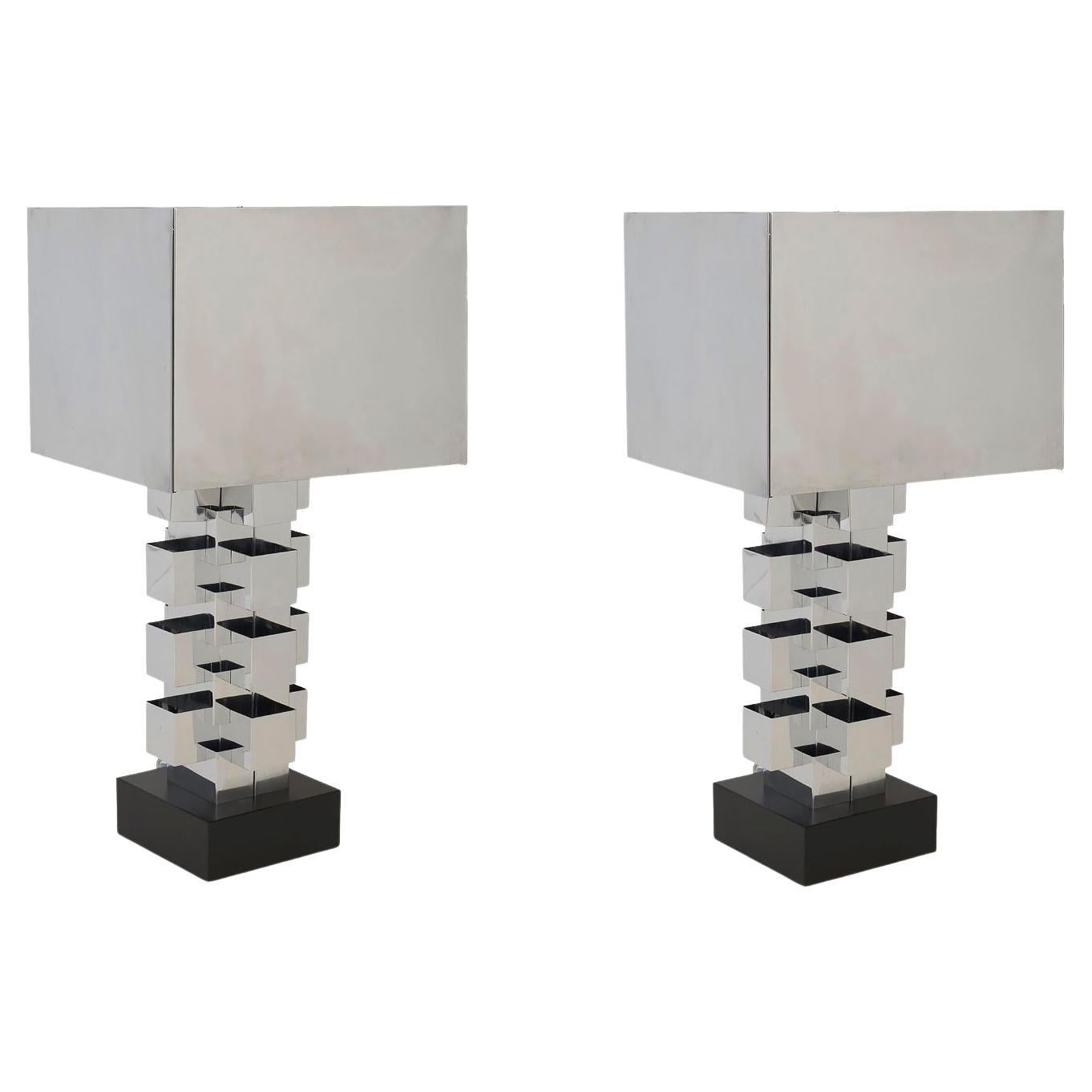 Brutalist Chrome Interlaced Column Sculpture Table Lamp by Curtis Jere, Pair For Sale