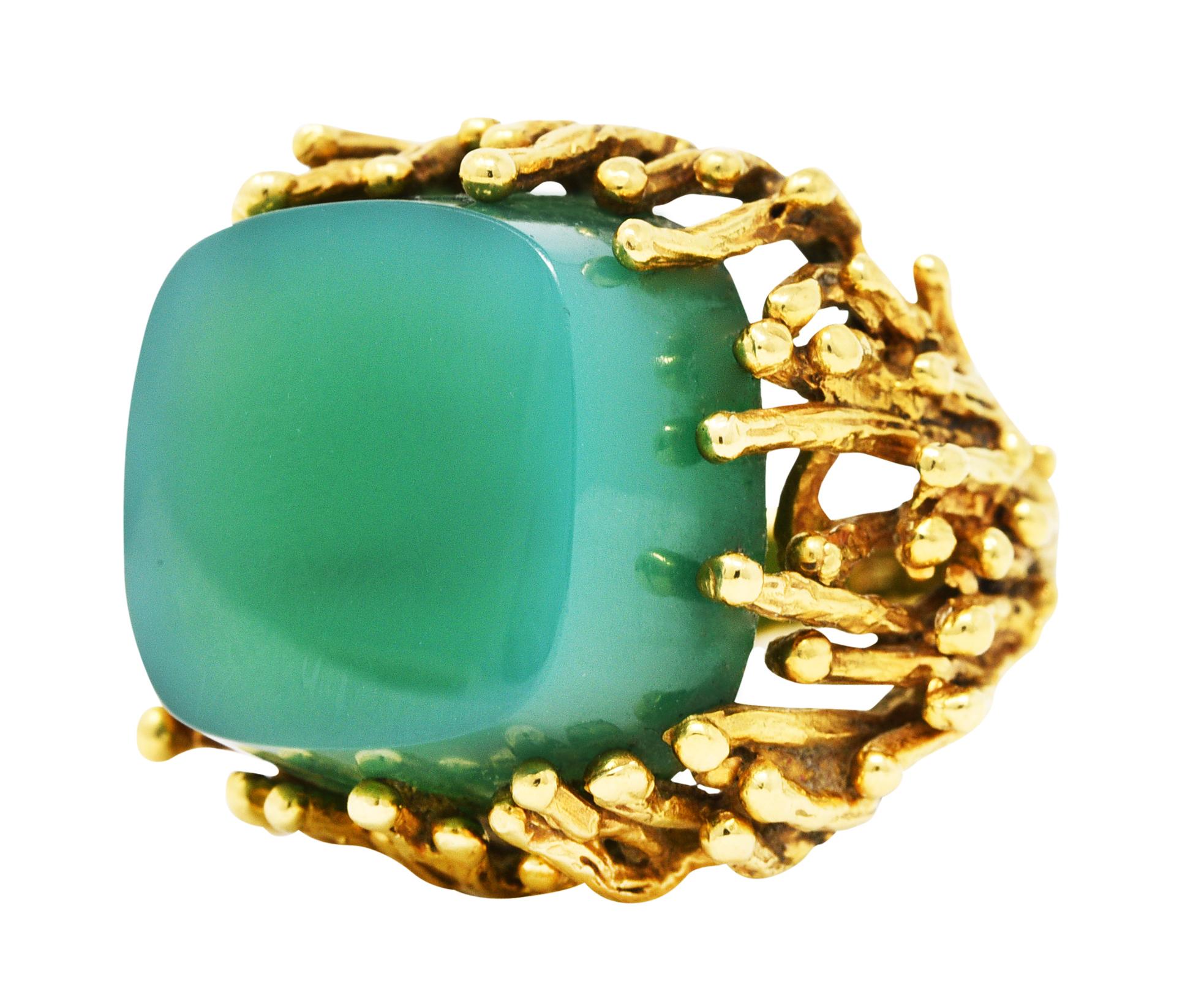 Brutalist Chrysoprase 18 Karat Yellow Gold Sculptural Ring 2