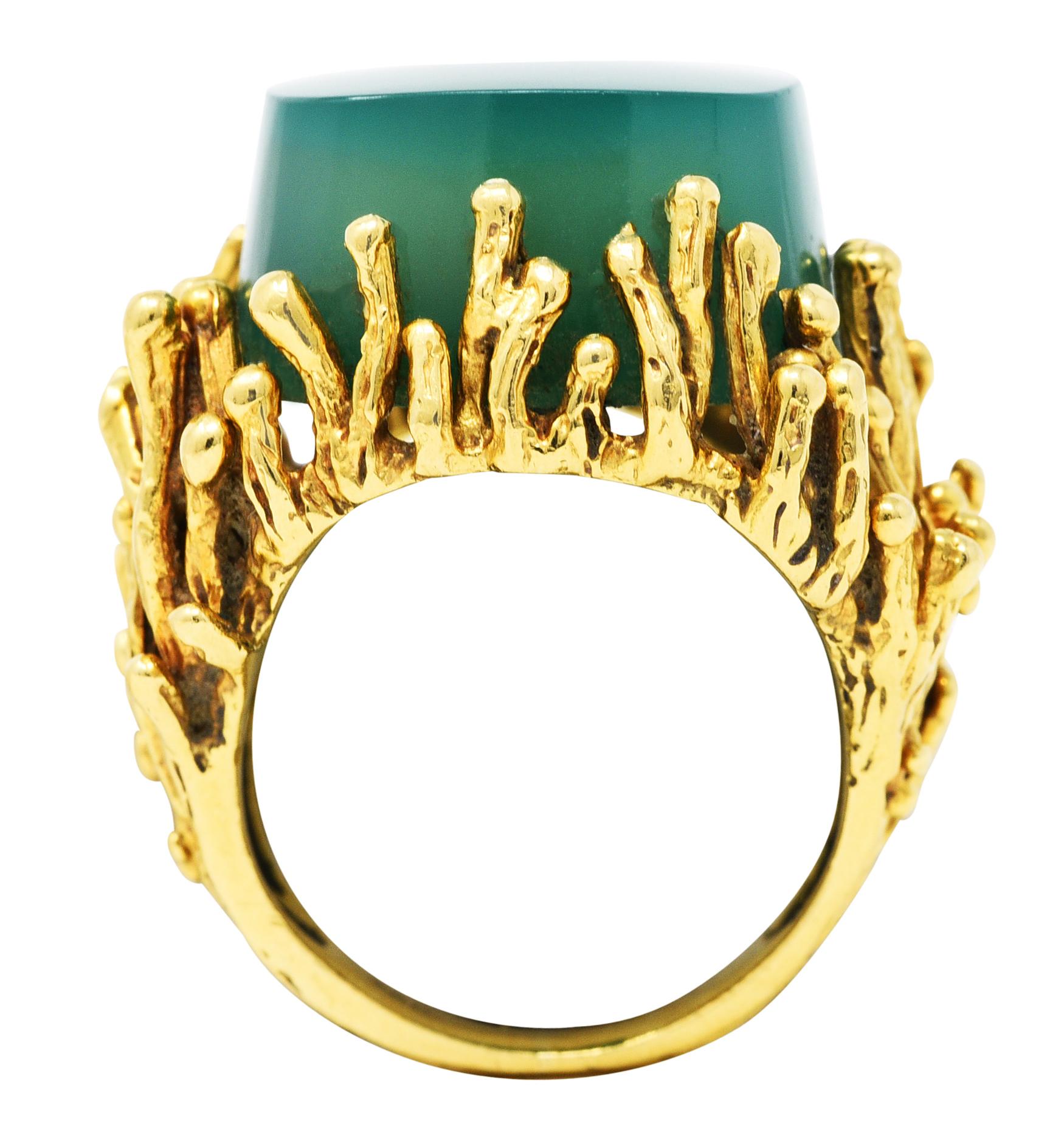 Brutalist Chrysoprase 18 Karat Yellow Gold Sculptural Ring 4