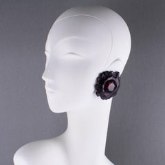 Brutalist Clip Earrings with Pearly Purple Resin and Crystal Cabochon